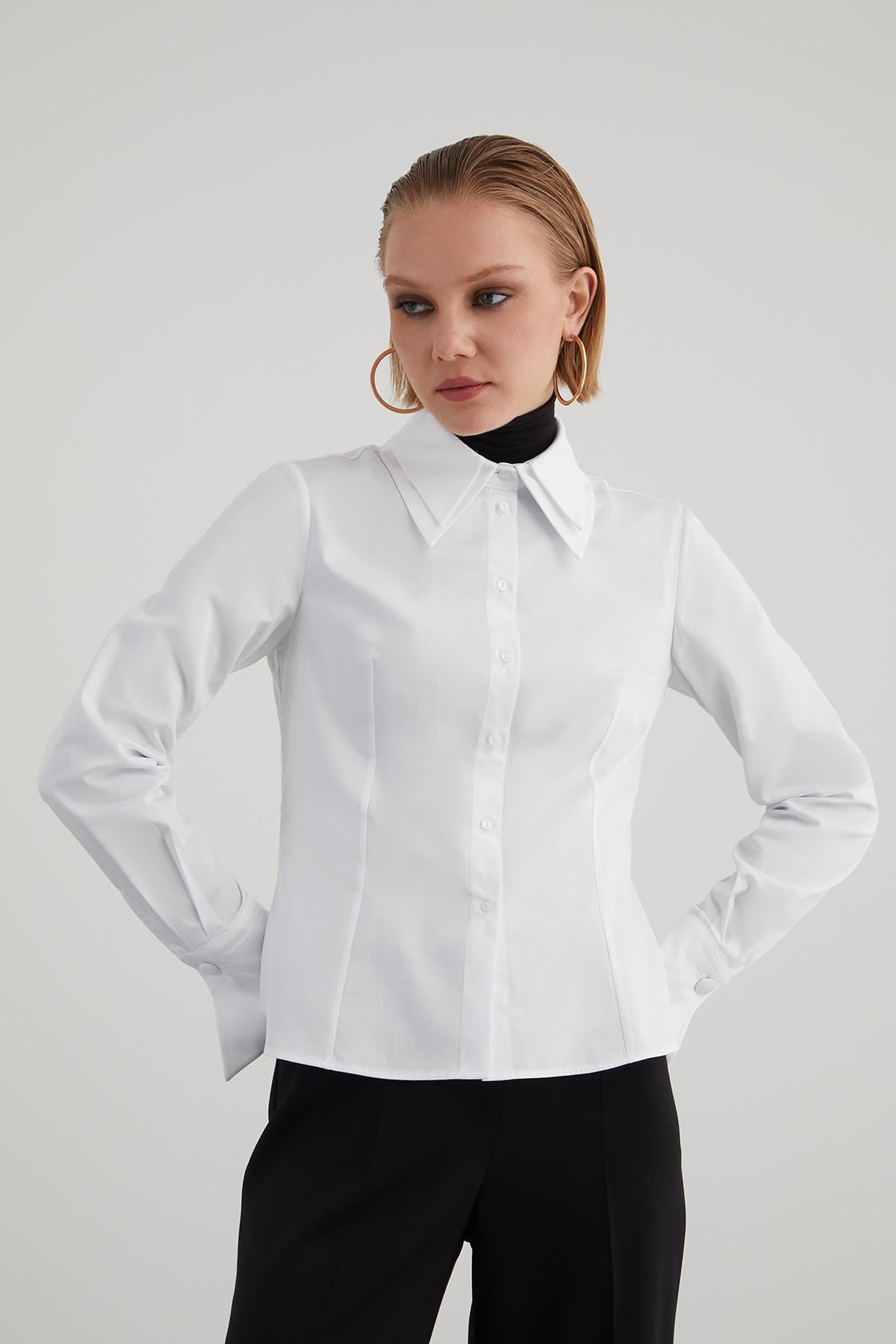 Double-Layered Collar Detail Triangular-Cuffed Fitted Stretch Cotton Poplin Shirt