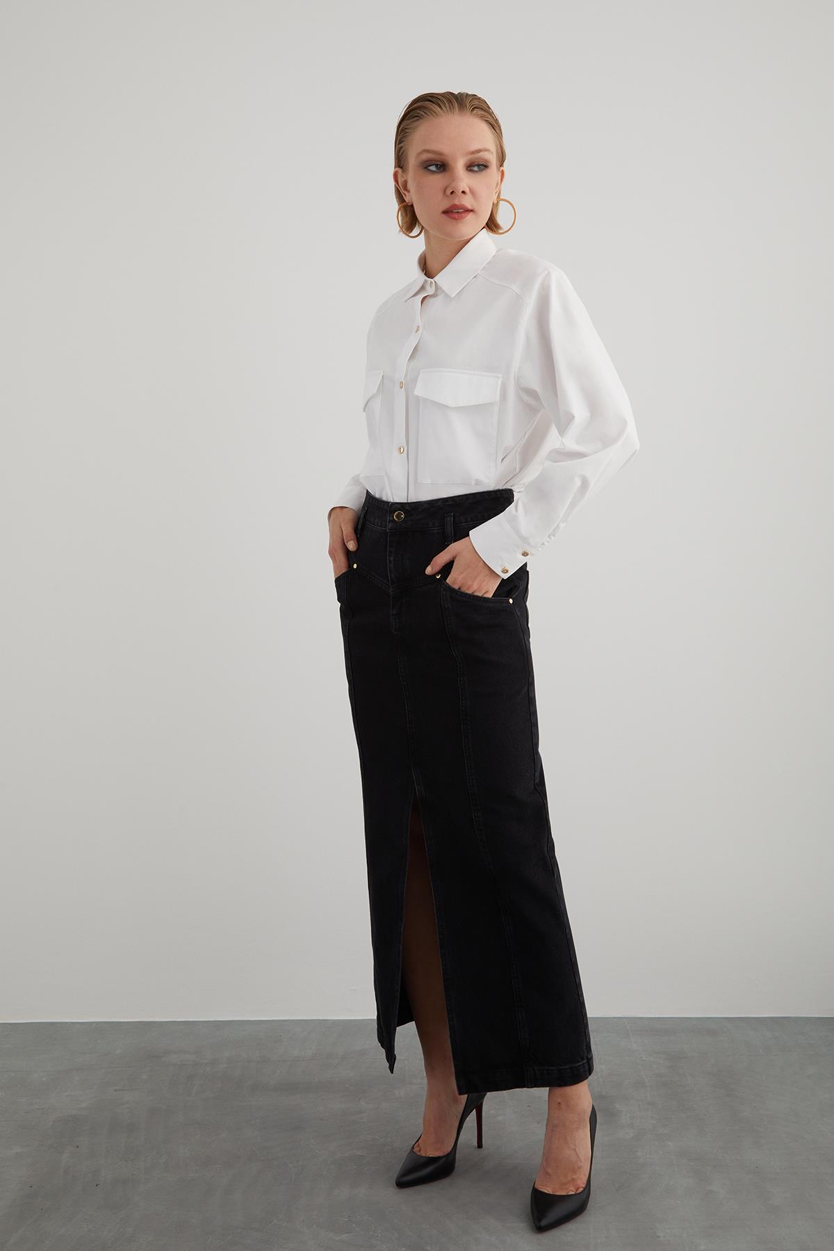 High Waist Front Slit Detail Black Denim Skirt