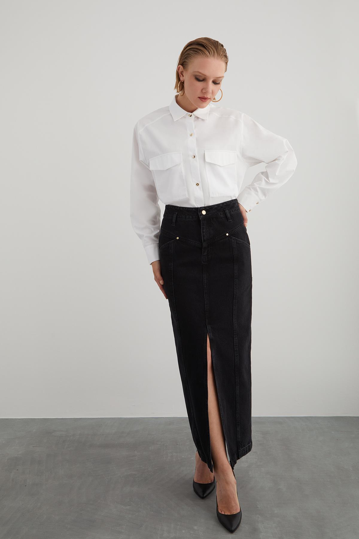 High Waist Front Slit Detail Black Denim Skirt