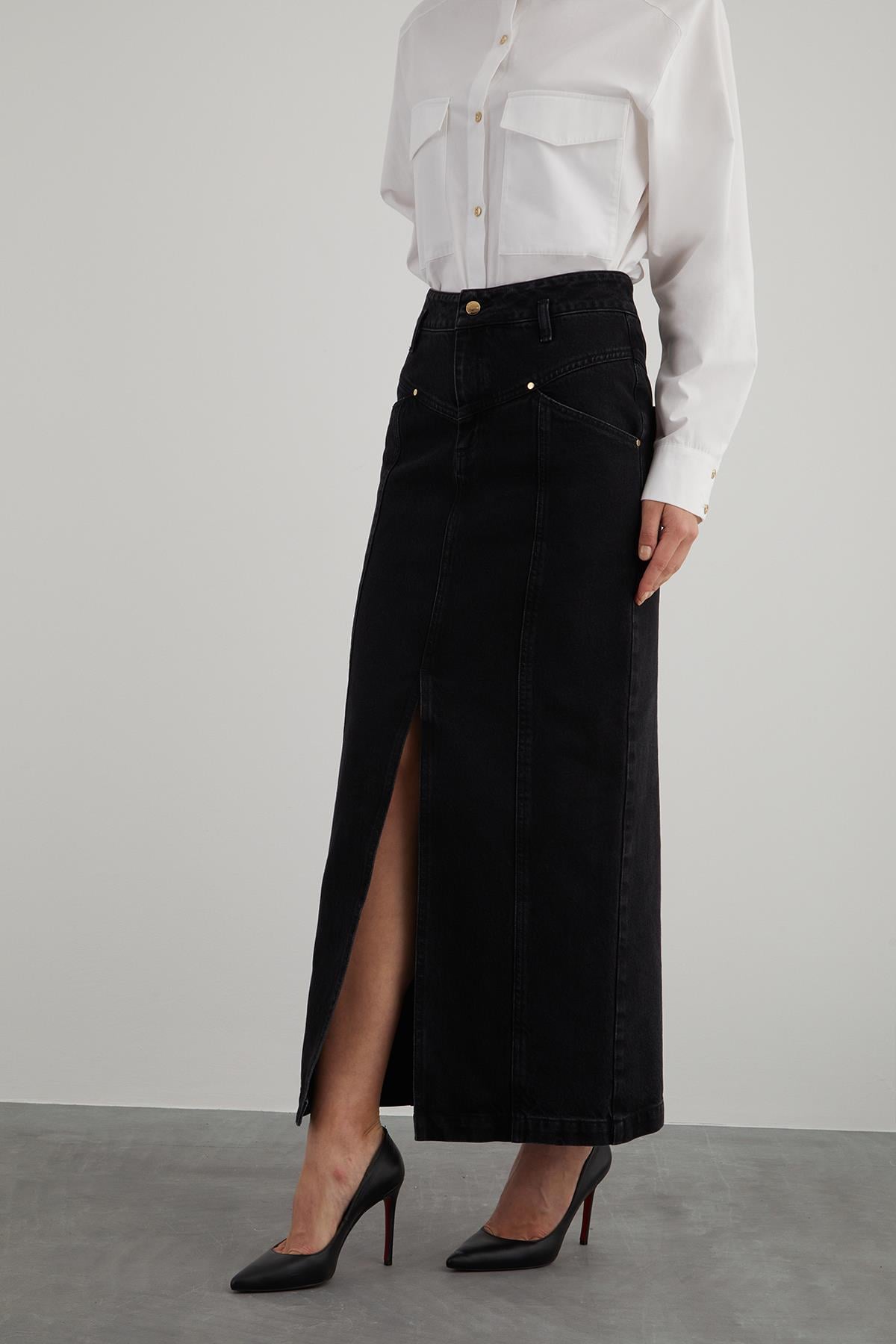 High Waist Front Slit Detail Black Denim Skirt