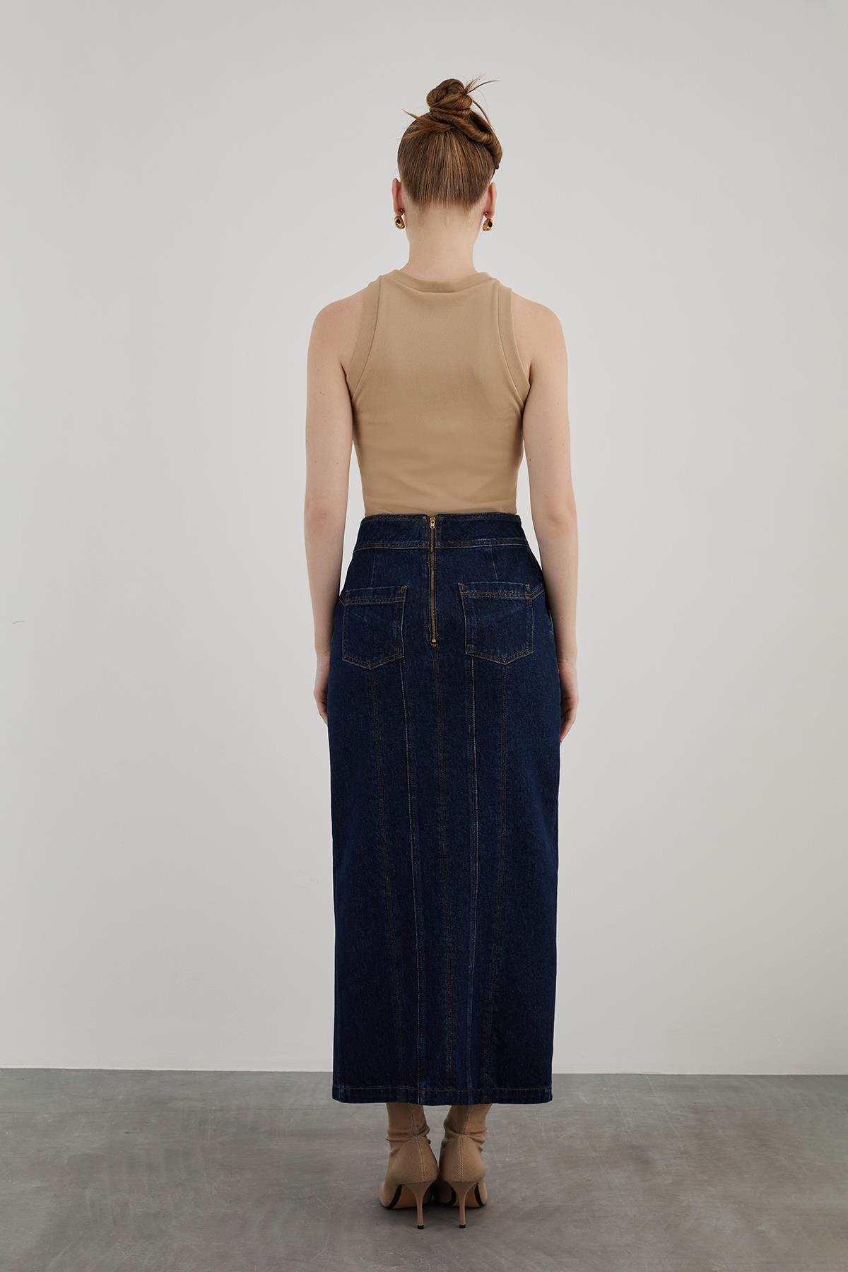 Segmented Slit Detail Straight Long Denim Skirt