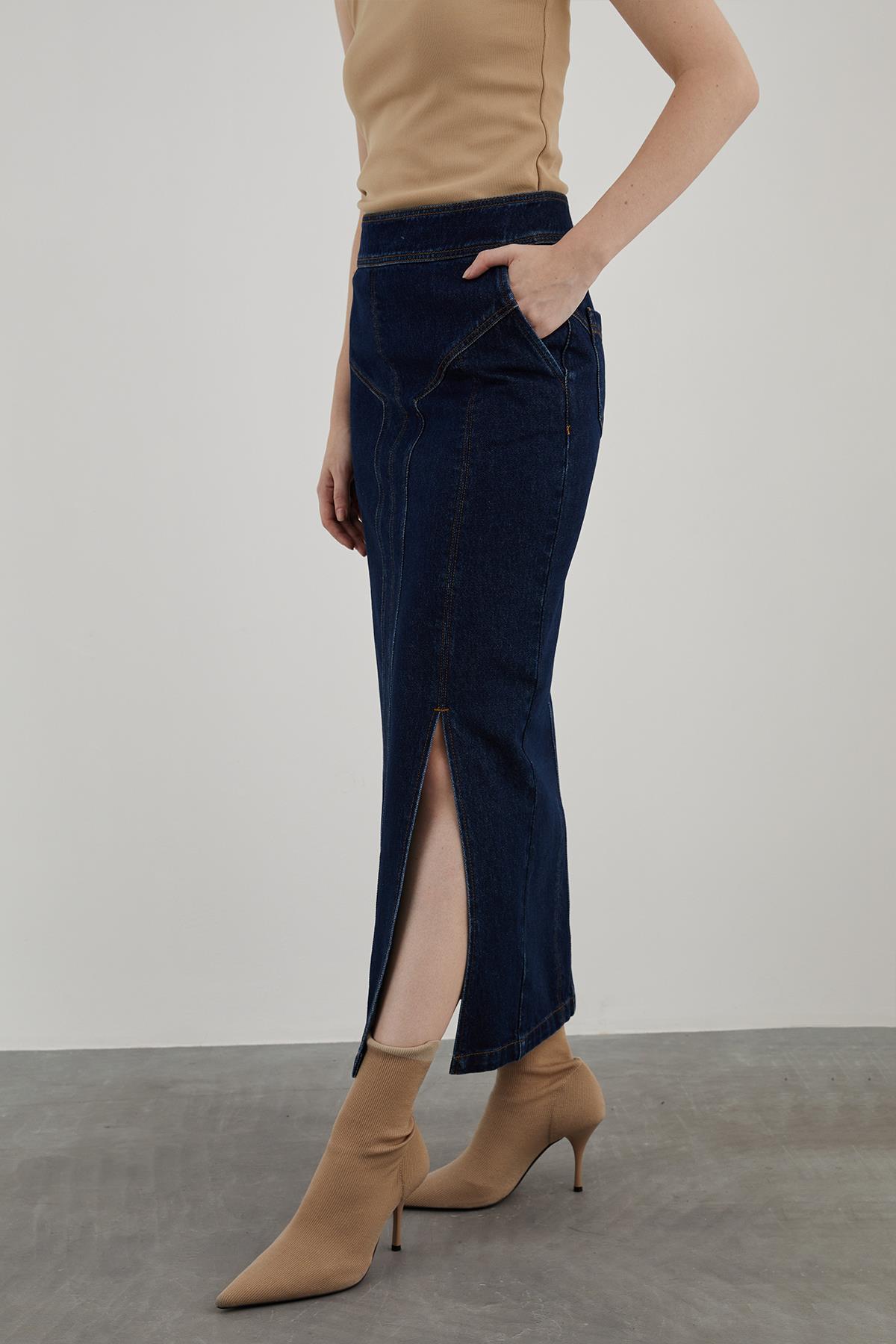 Segmented Slit Detail Straight Long Denim Skirt