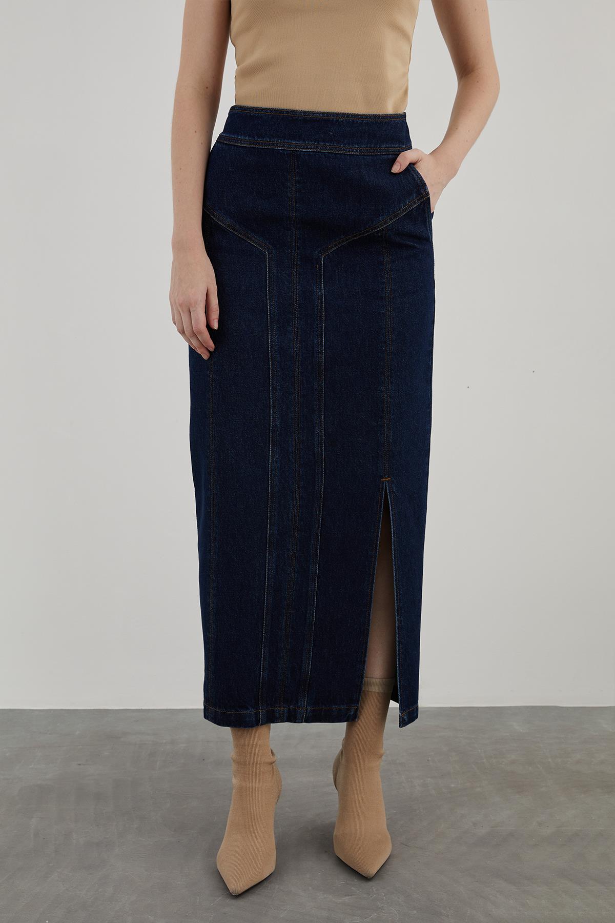 Segmented Slit Detail Straight Long Denim Skirt