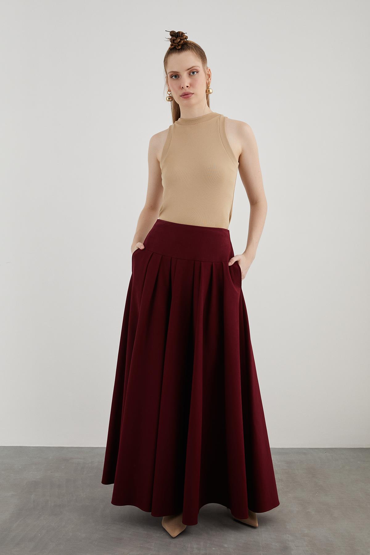 High-Waisted Wide Pleated Side Pocket Long Red Skirt