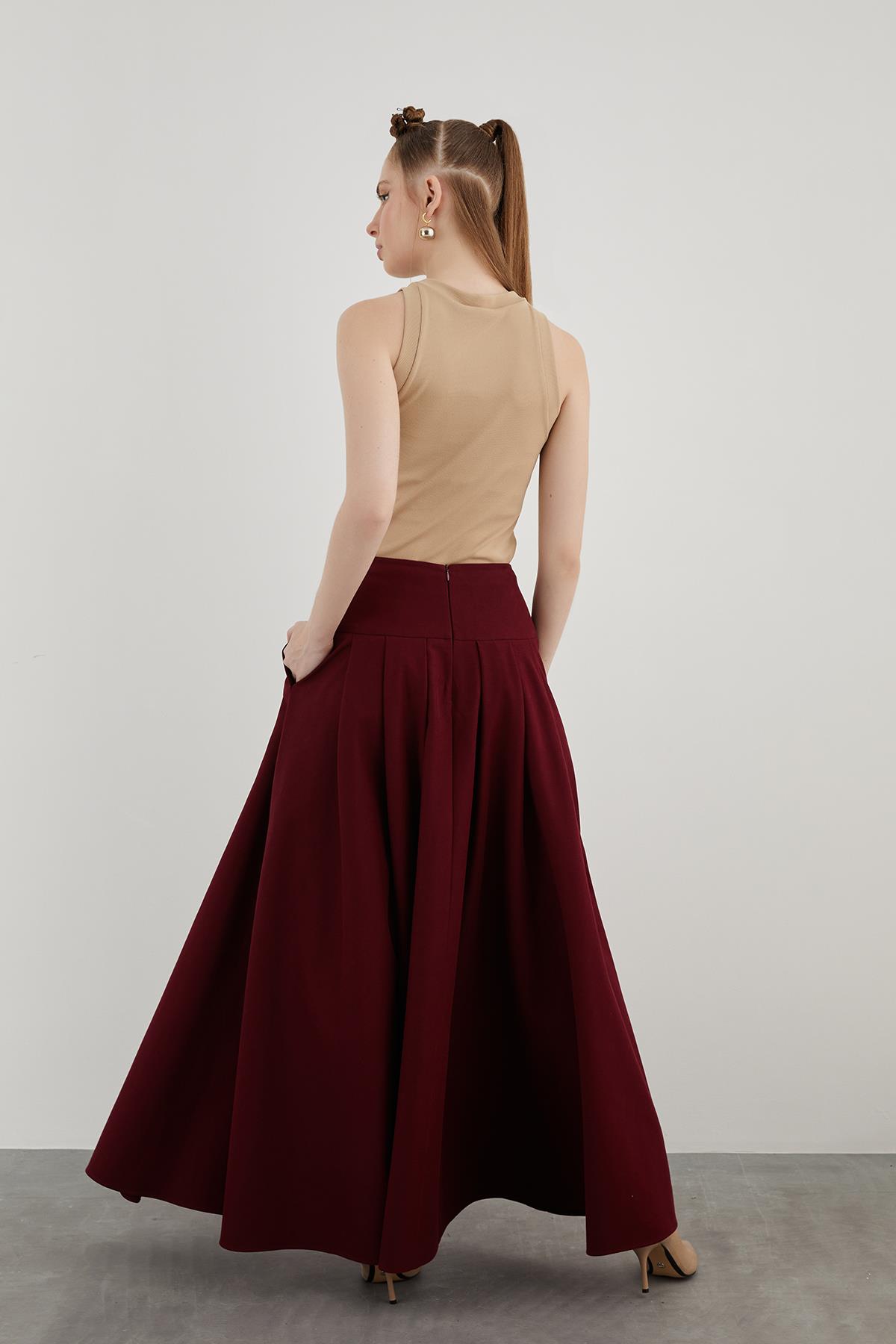 High-Waisted Wide Pleated Side Pocket Long Red Skirt