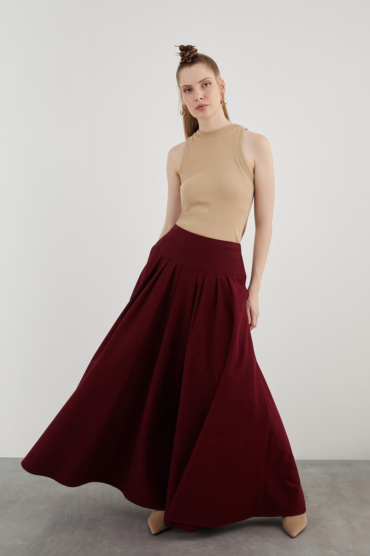 High-Waisted Wide Pleated Side Pocket Long Red Skirt