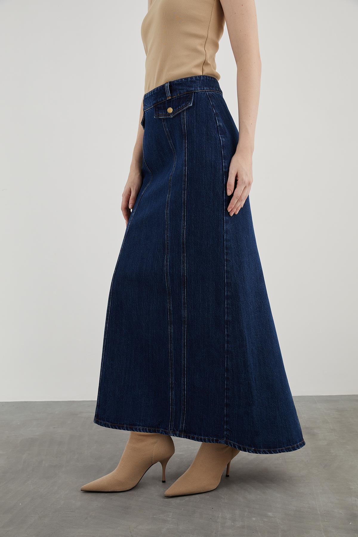 Front Zippered Pocket Flap Covered Contrast Stitch Detail A-Line Denim Long Skirt