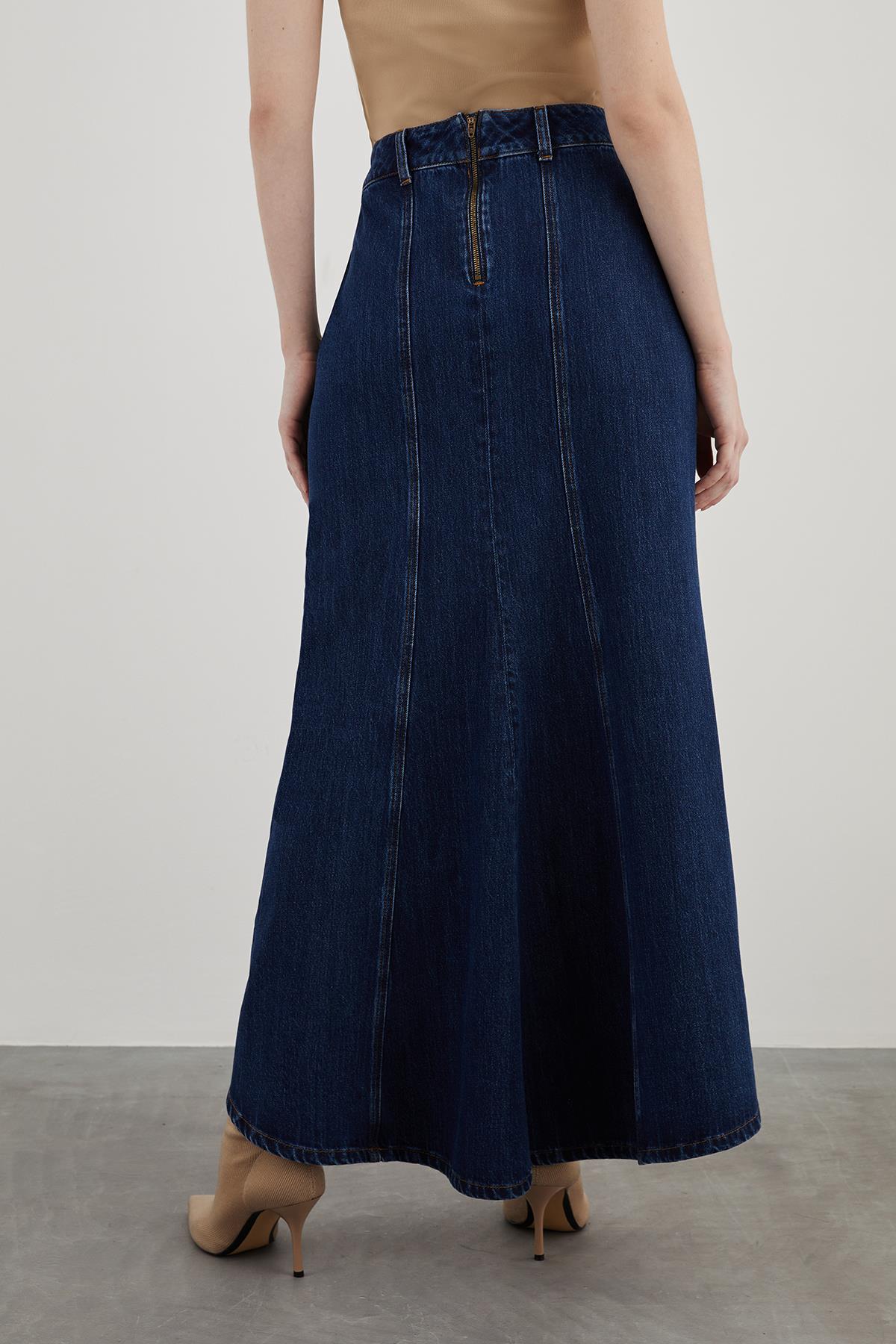 Front Zippered Pocket Flap Covered Contrast Stitch Detail A-Line Denim Long Skirt