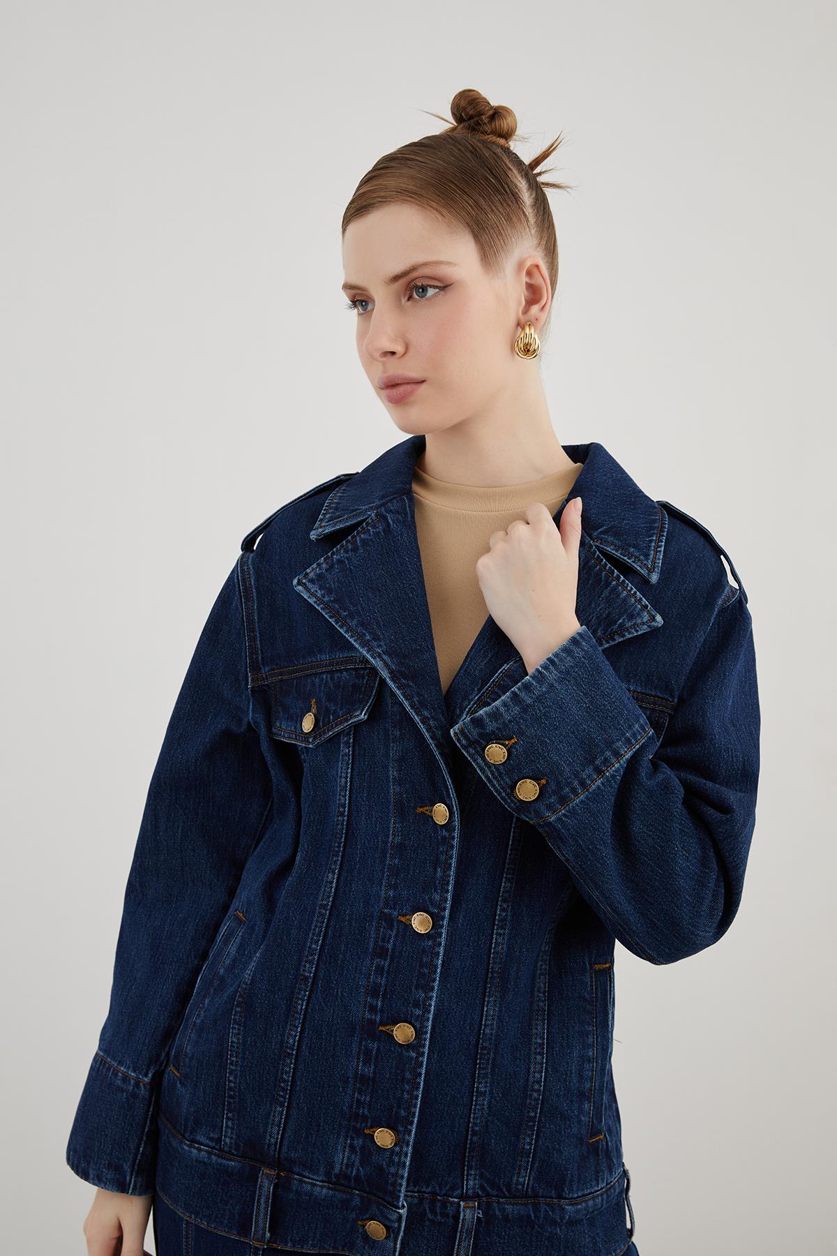 Men's Collar Epaulet Detail Long Sleeve Front Button Antic Yellow Oversize Denim Jacket