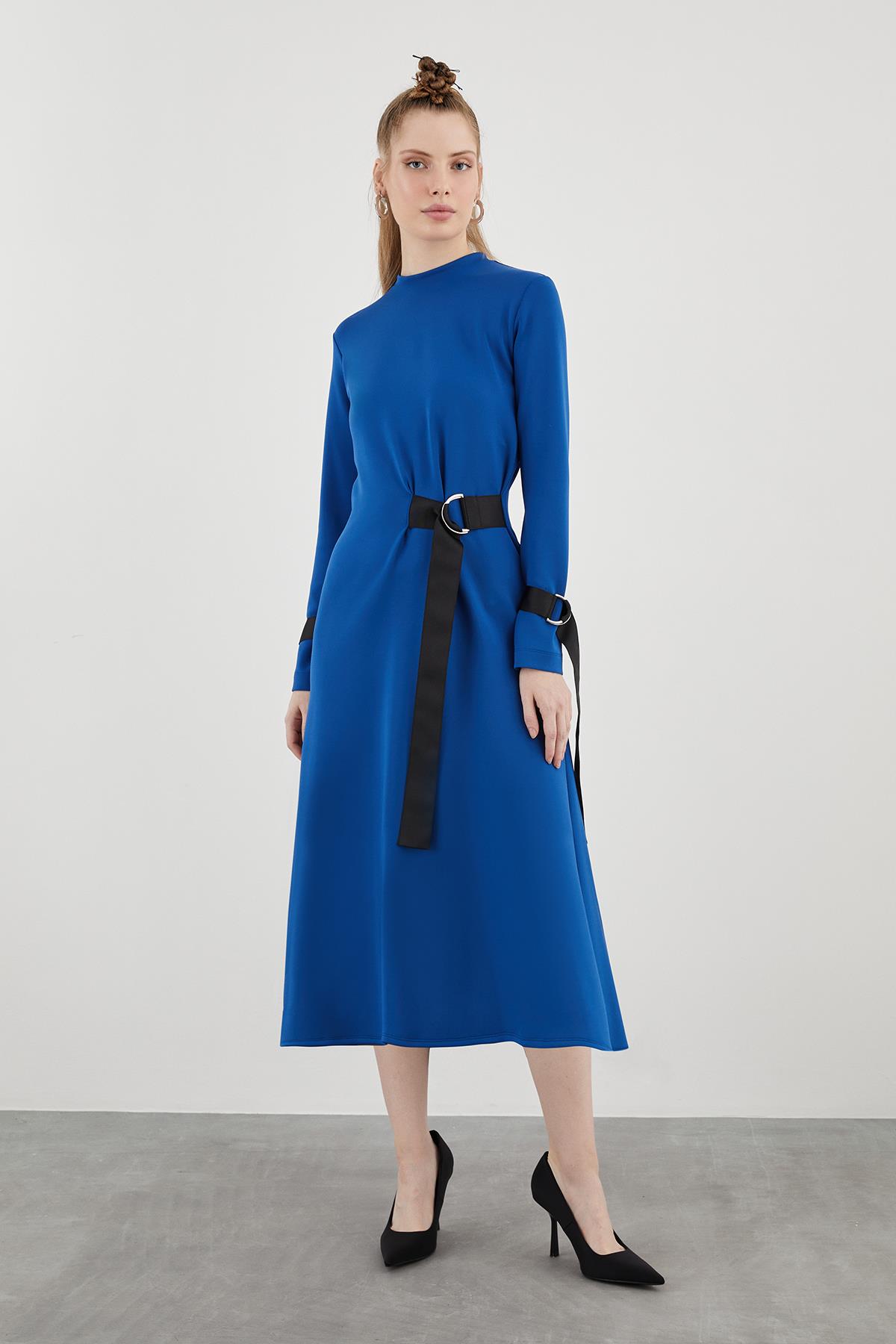 Grosgrain Ribbon-Detailed D Buckle Accessorized Midi Navy Sporty Dress