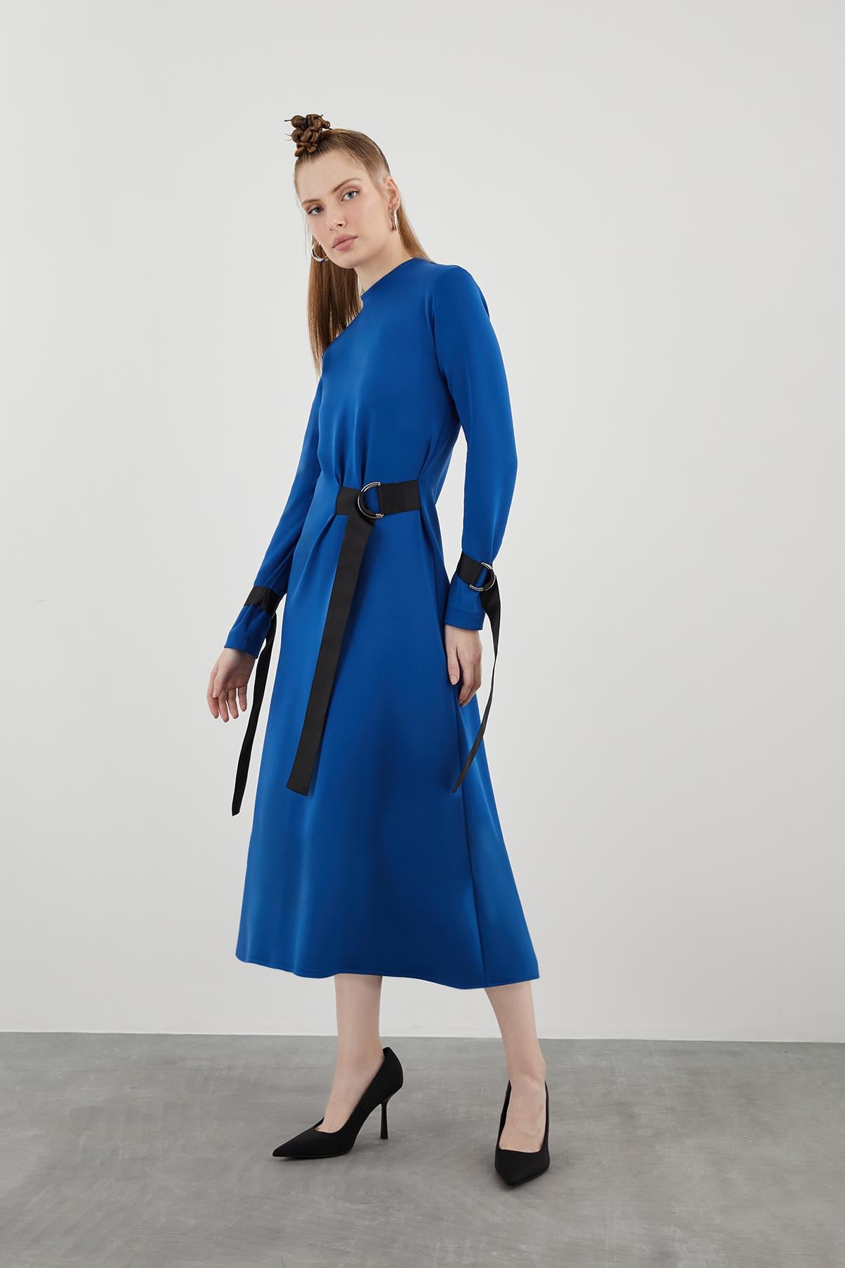 Grosgrain Ribbon-Detailed D Buckle Accessorized Midi Navy Sporty Dress