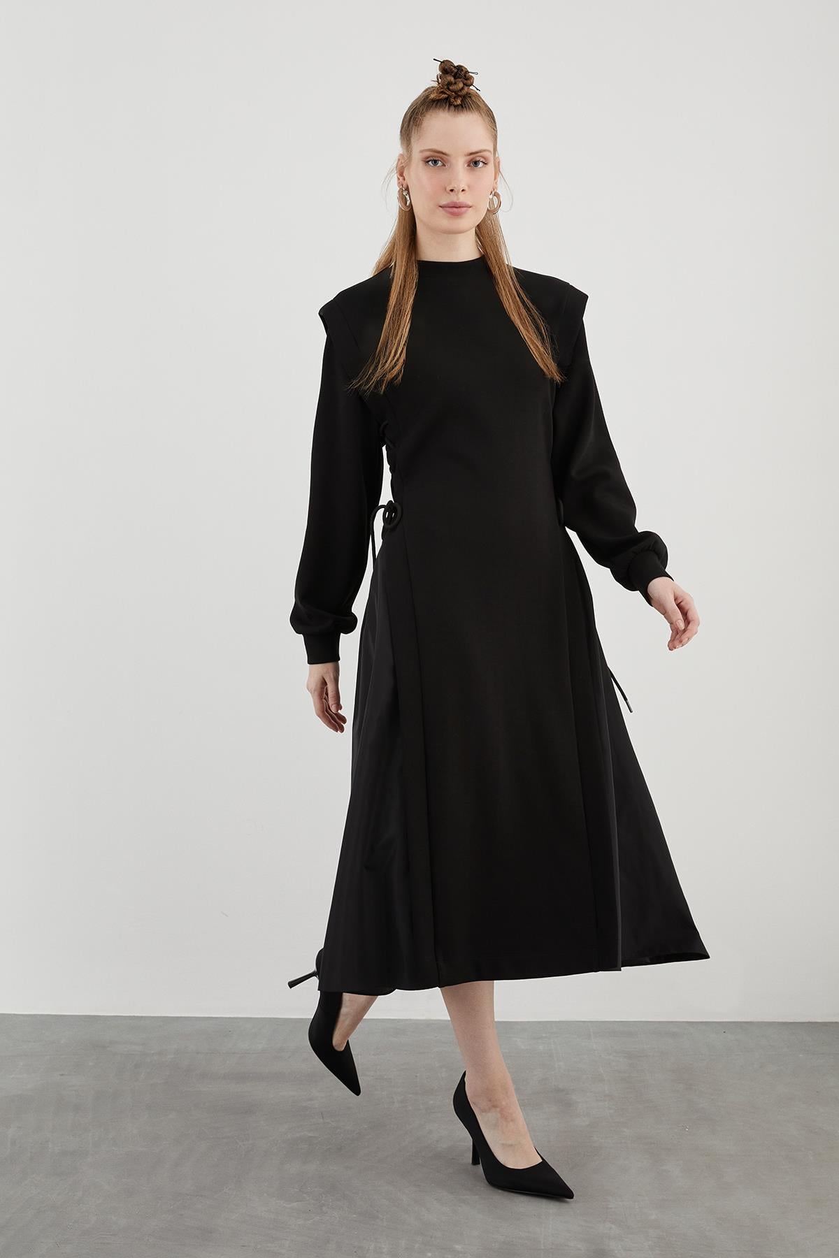 Parachute Fabric Inspired Corset-Like Laced Neck Long Sleeve Midi Sweat Knit Black Sport Dress
