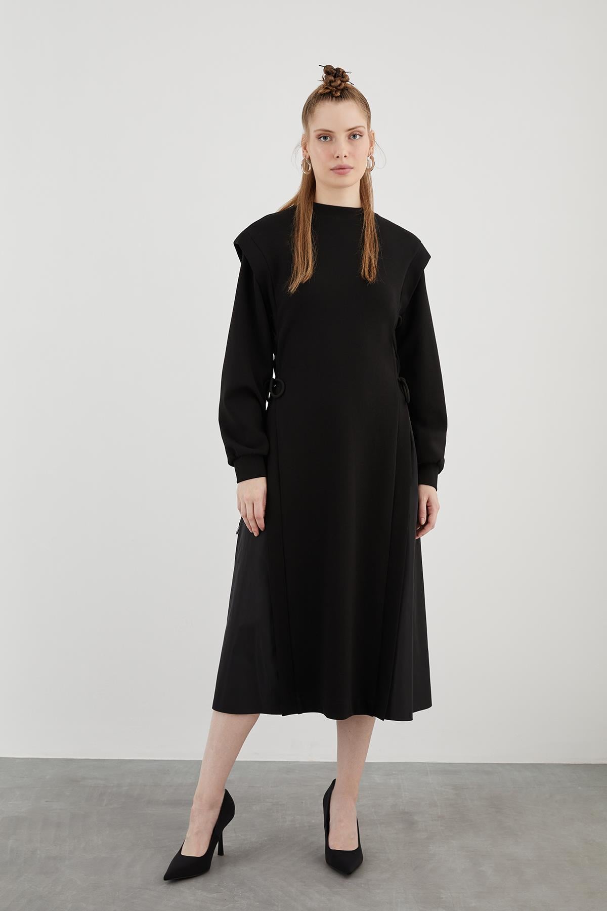 Parachute Fabric Inspired Corset-Like Laced Neck Long Sleeve Midi Sweat Knit Black Sport Dress