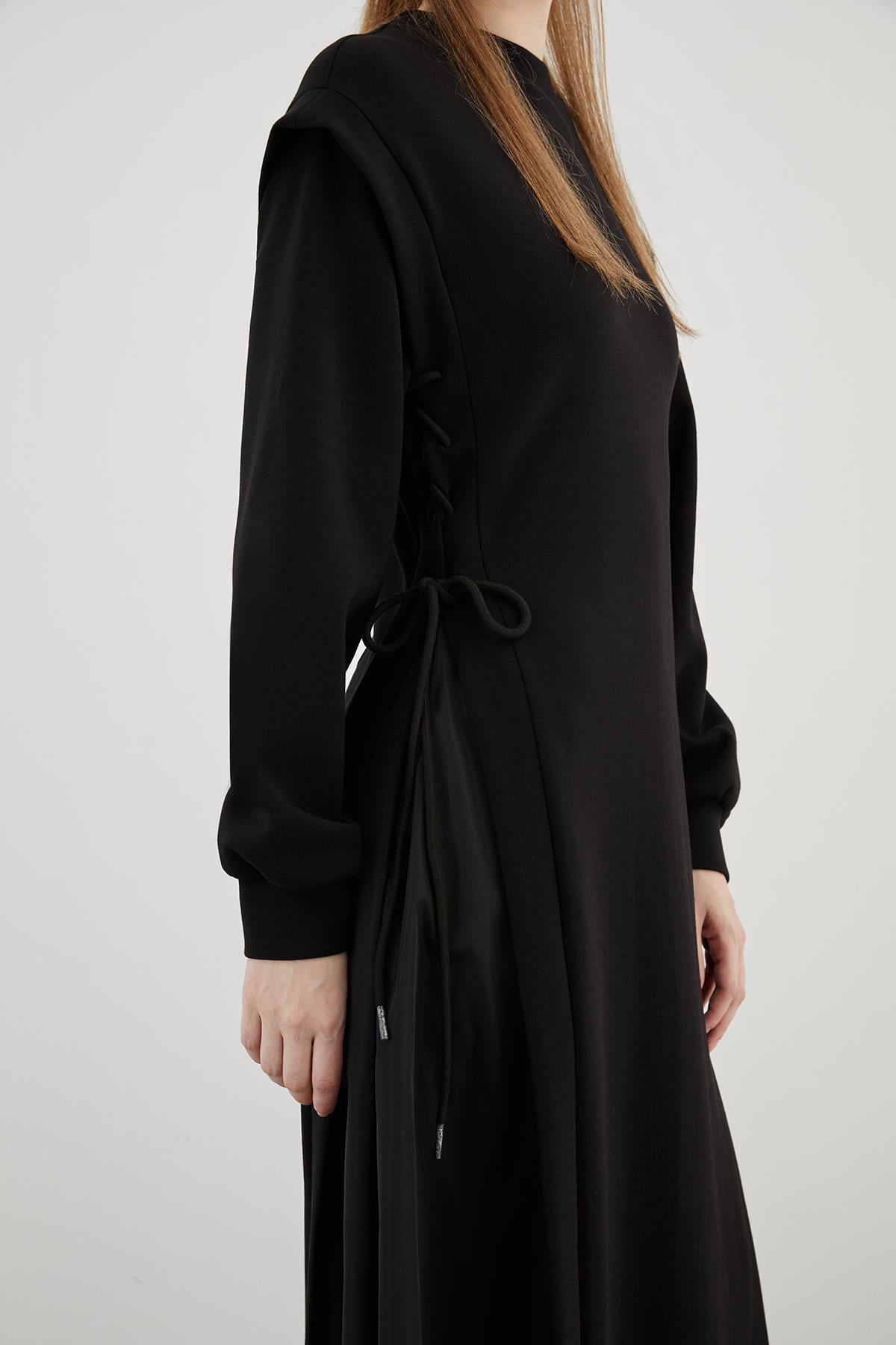 Parachute Fabric Inspired Corset-Like Laced Neck Long Sleeve Midi Sweat Knit Black Sport Dress