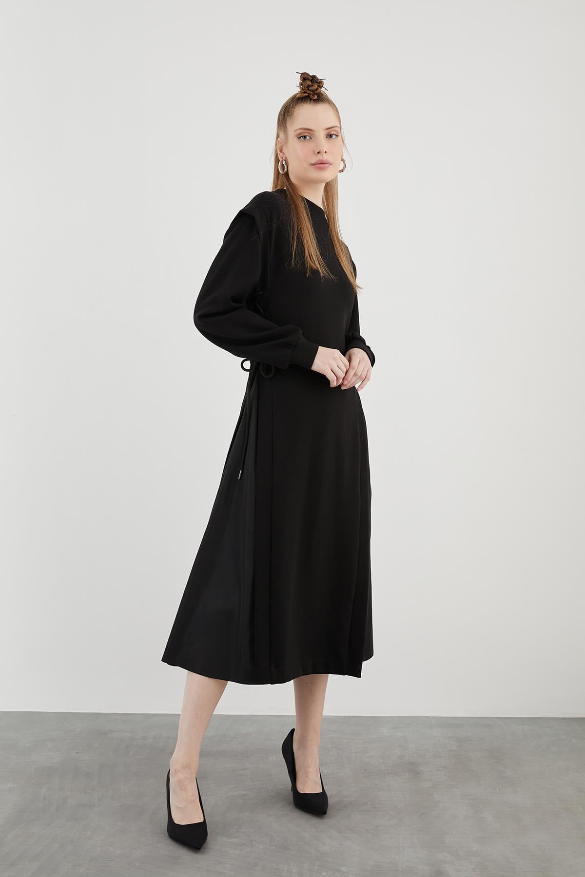 Parachute Fabric Inspired Corset-Like Laced Neck Long Sleeve Midi Sweat Knit Black Sport Dress