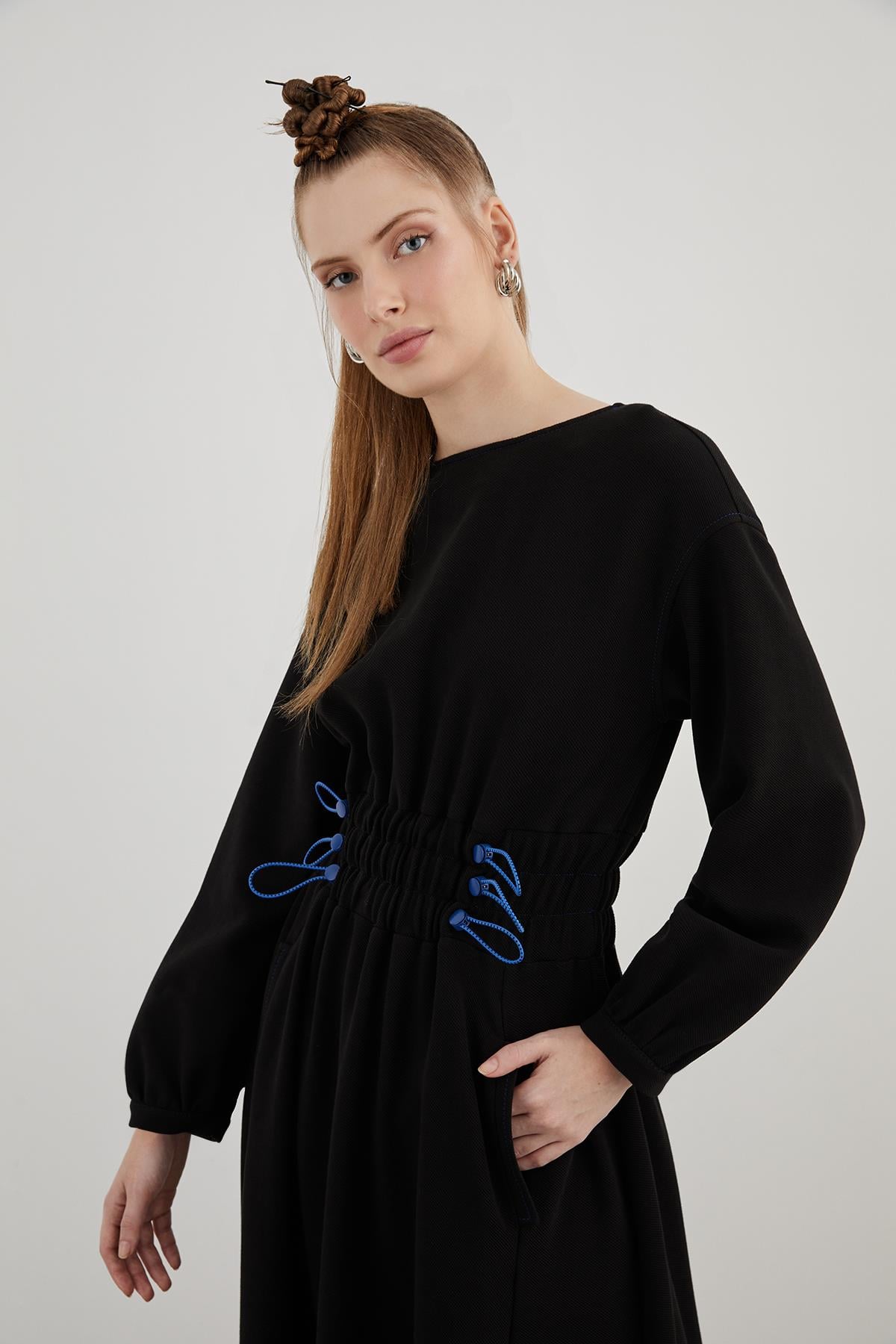 Square Neckline Midi Length Flared Skirt Long Sleeve Brown Shirt Dress