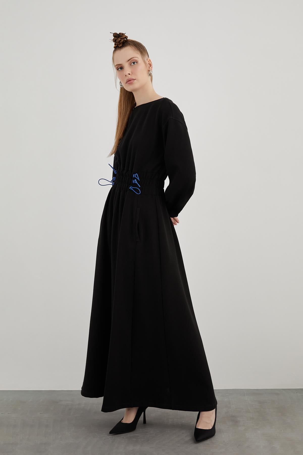 Square Neckline Midi Length Flared Skirt Long Sleeve Brown Shirt Dress