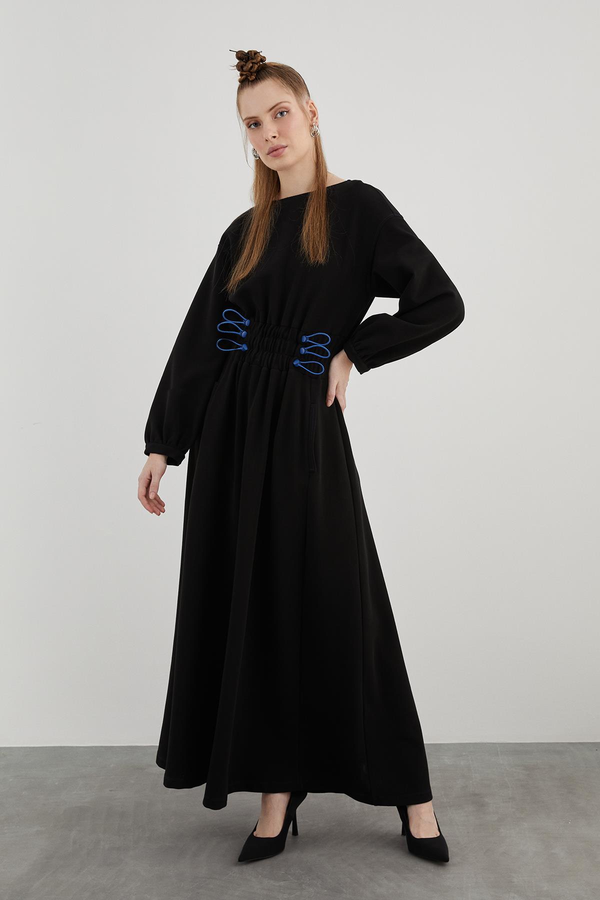 Square Neckline Midi Length Flared Skirt Long Sleeve Brown Shirt Dress