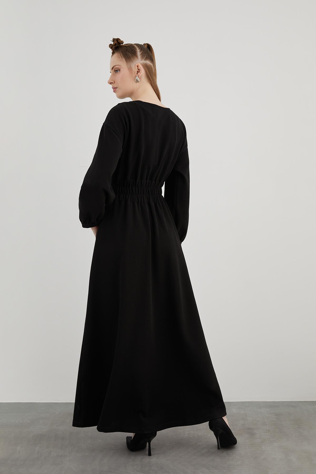Square Neckline Midi Length Flared Skirt Long Sleeve Brown Shirt Dress