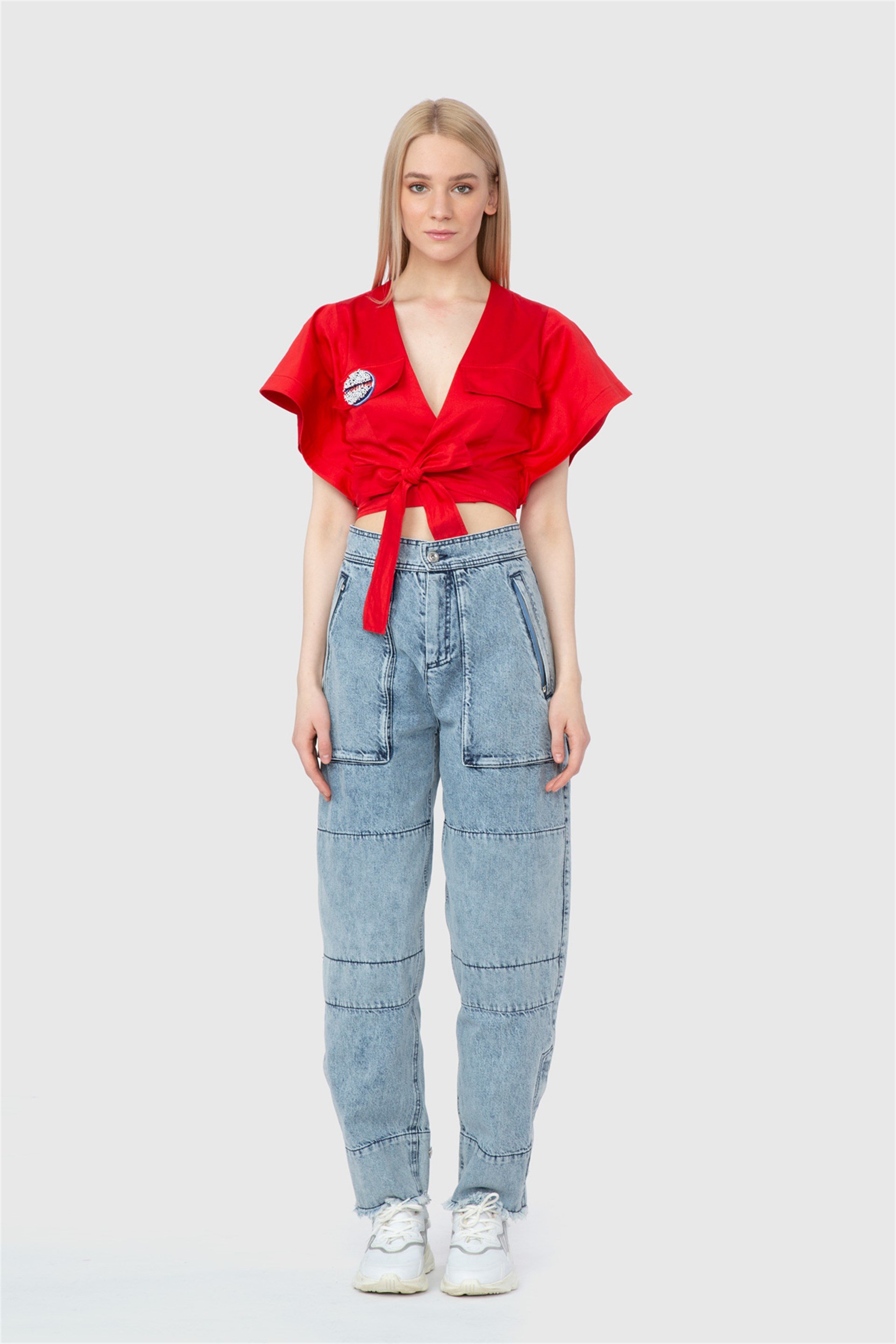 Embroidery Embroidered Lacing Detail Red Poplin Top