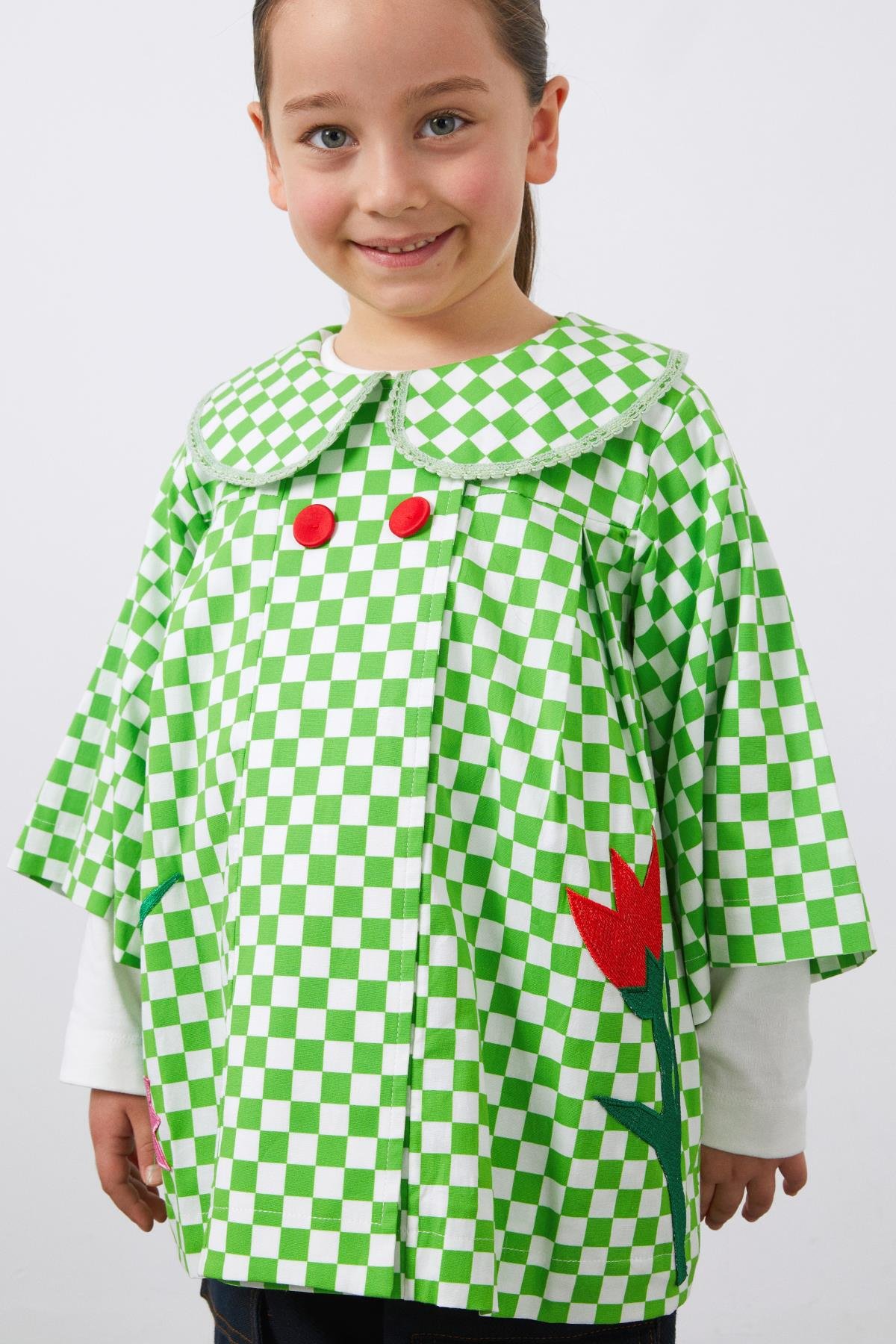 Nakış Detaylı Bebe Yaka Yeşil Kız Çocuk Koton Ceket