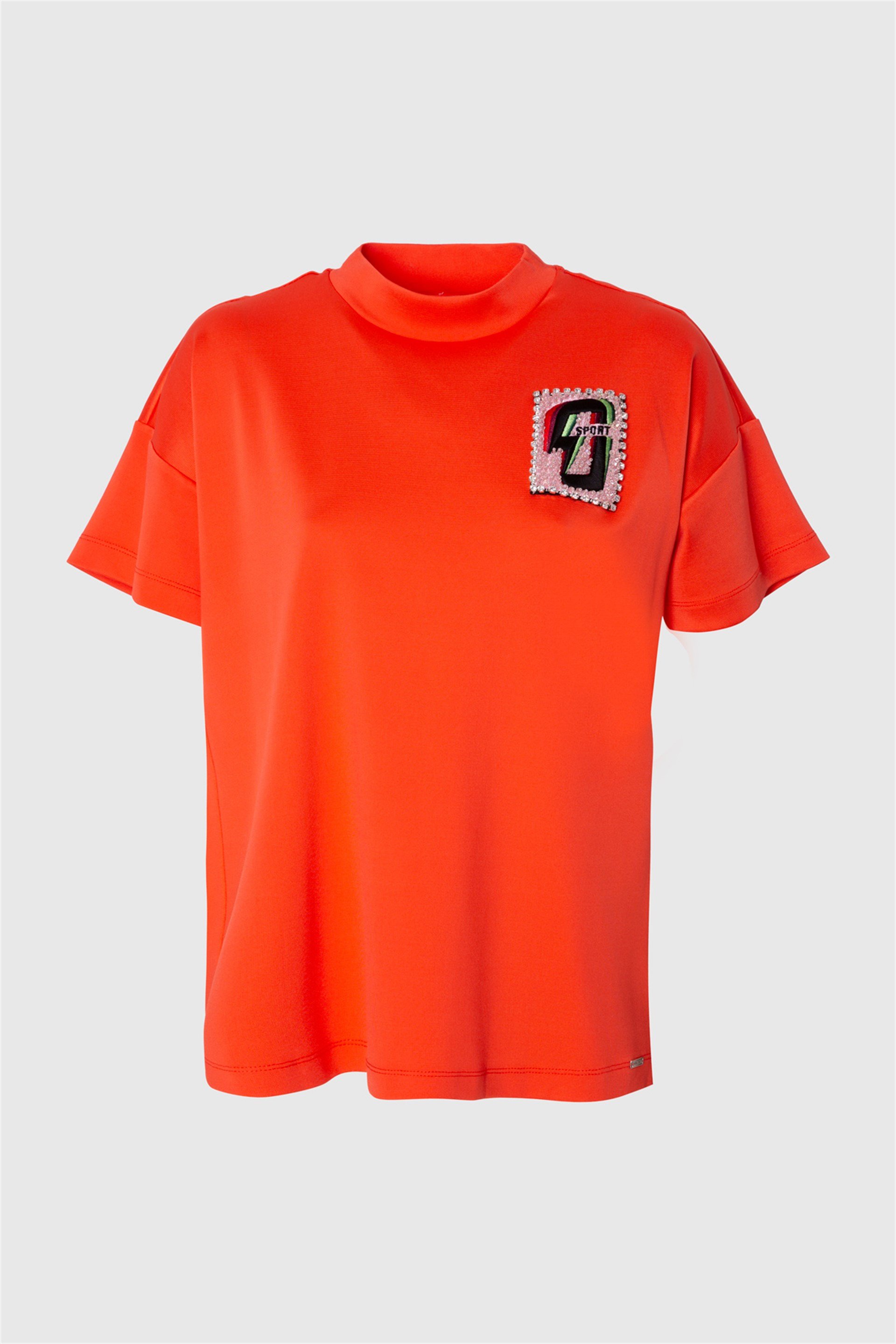 Nakış Detaylı Dik Yaka Oversize Turuncu Tshirt