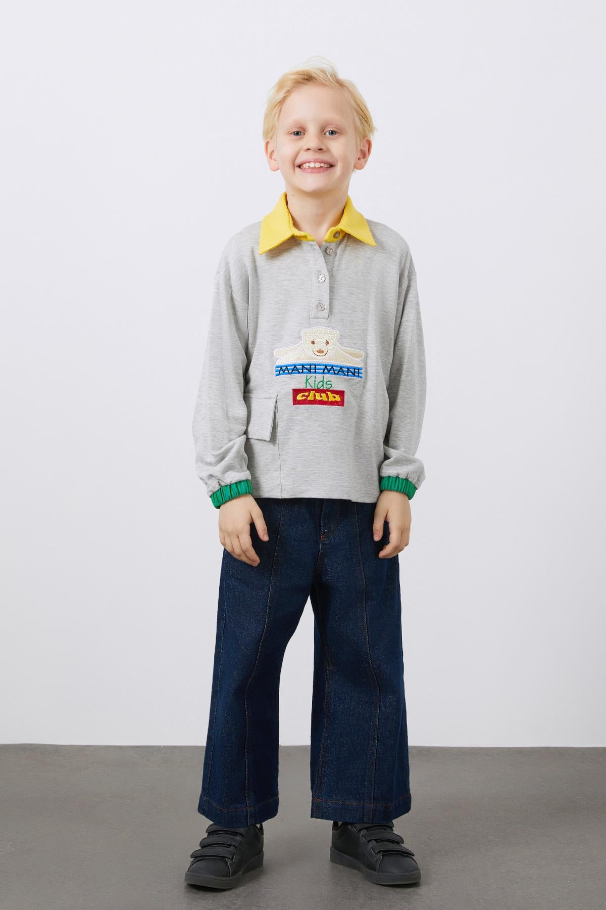 Nakış Detaylı Gömlek Yaka Gri Erkek Çocuk Sweatshirt