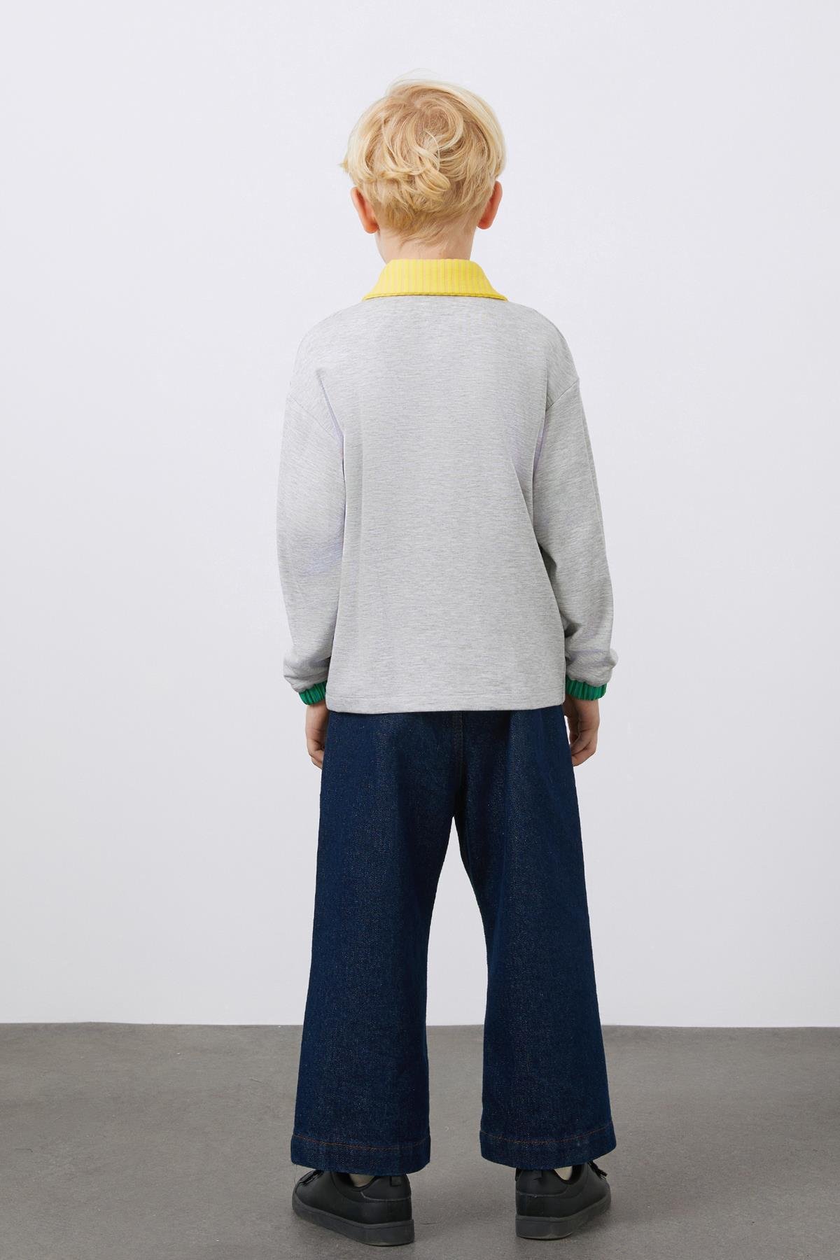 Nakış Detaylı Gömlek Yaka Gri Erkek Çocuk Sweatshirt