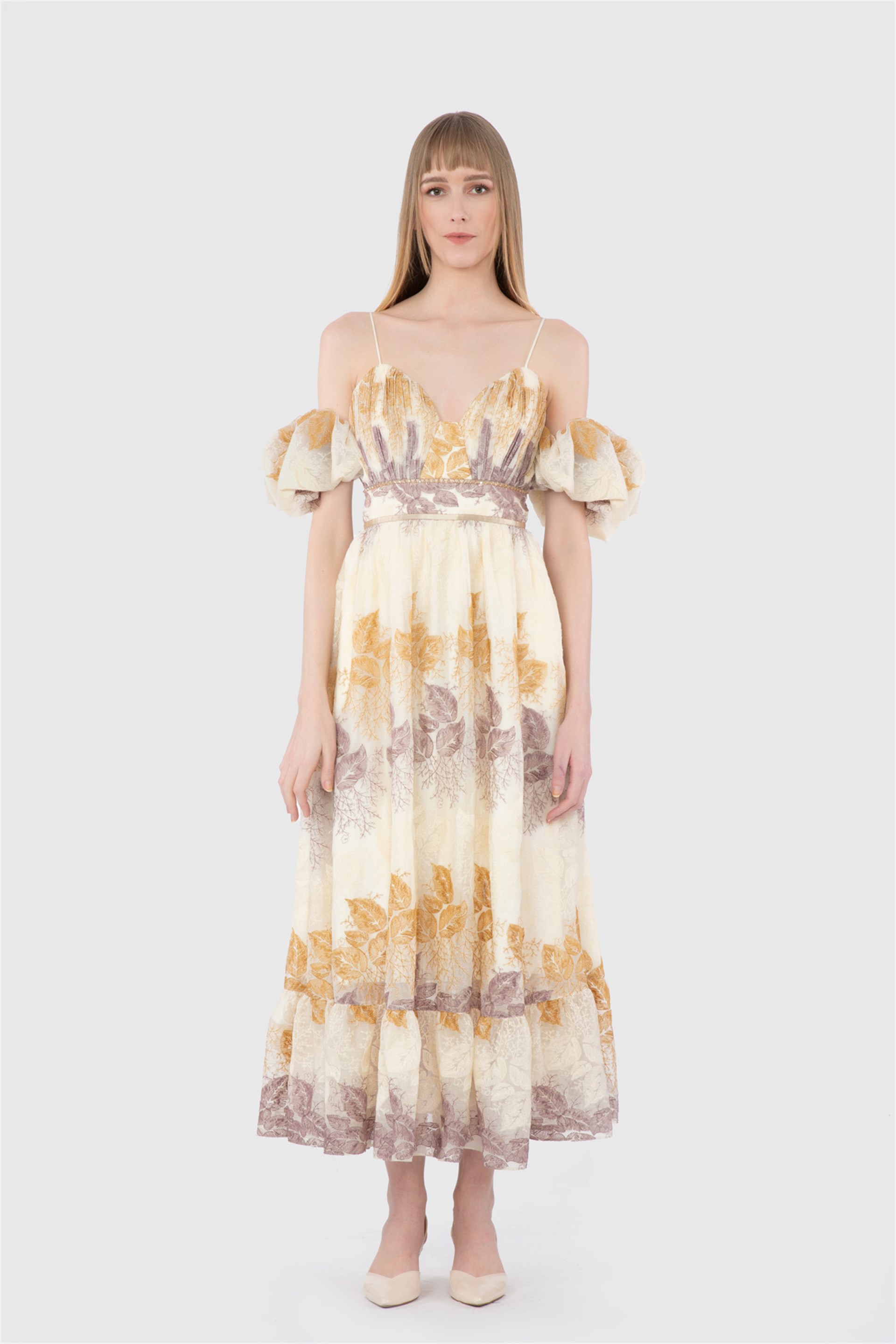Embroidery Detailed Chiffon Ecru Dress