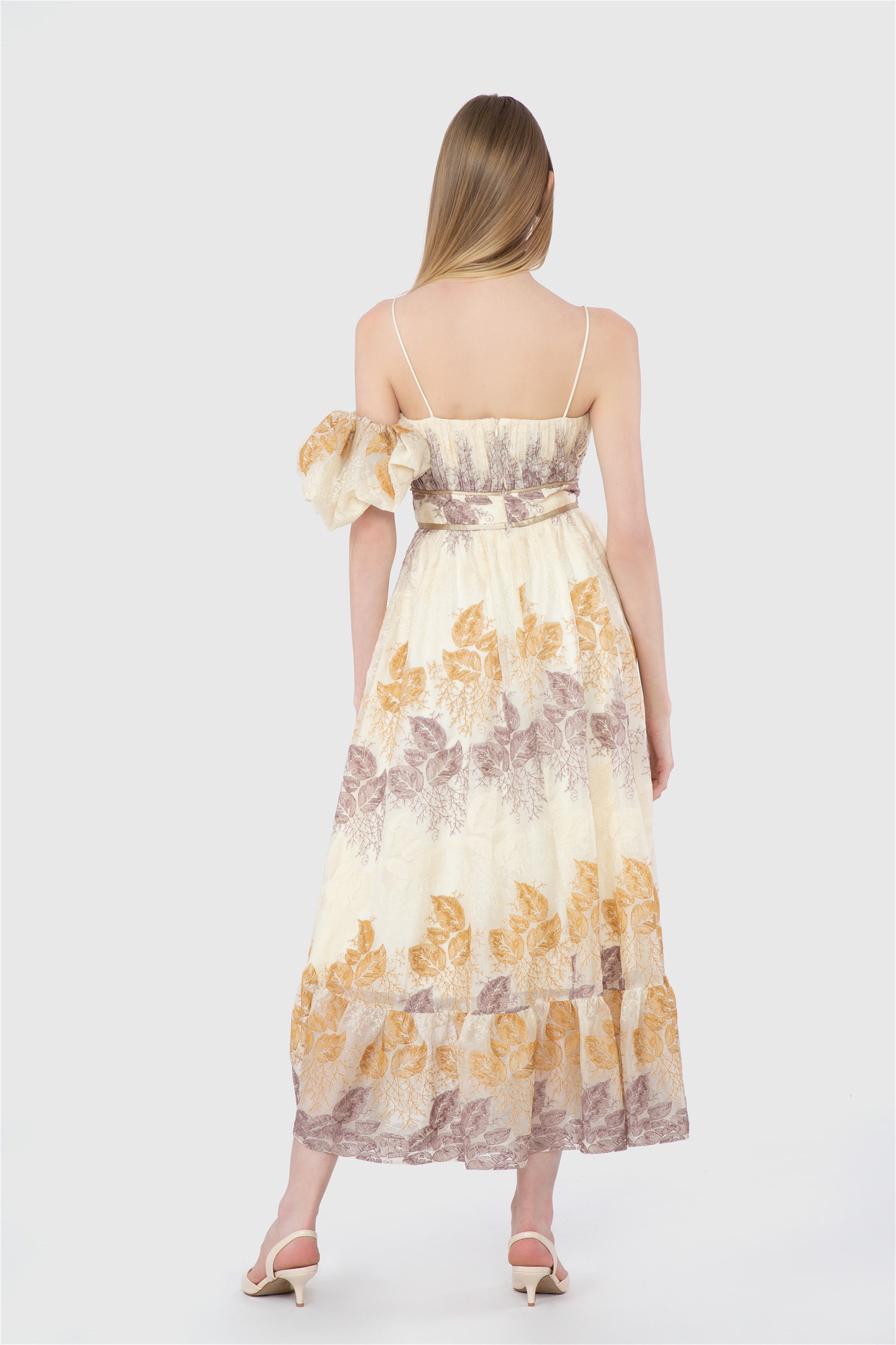 Embroidery Detailed Chiffon Ecru Dress