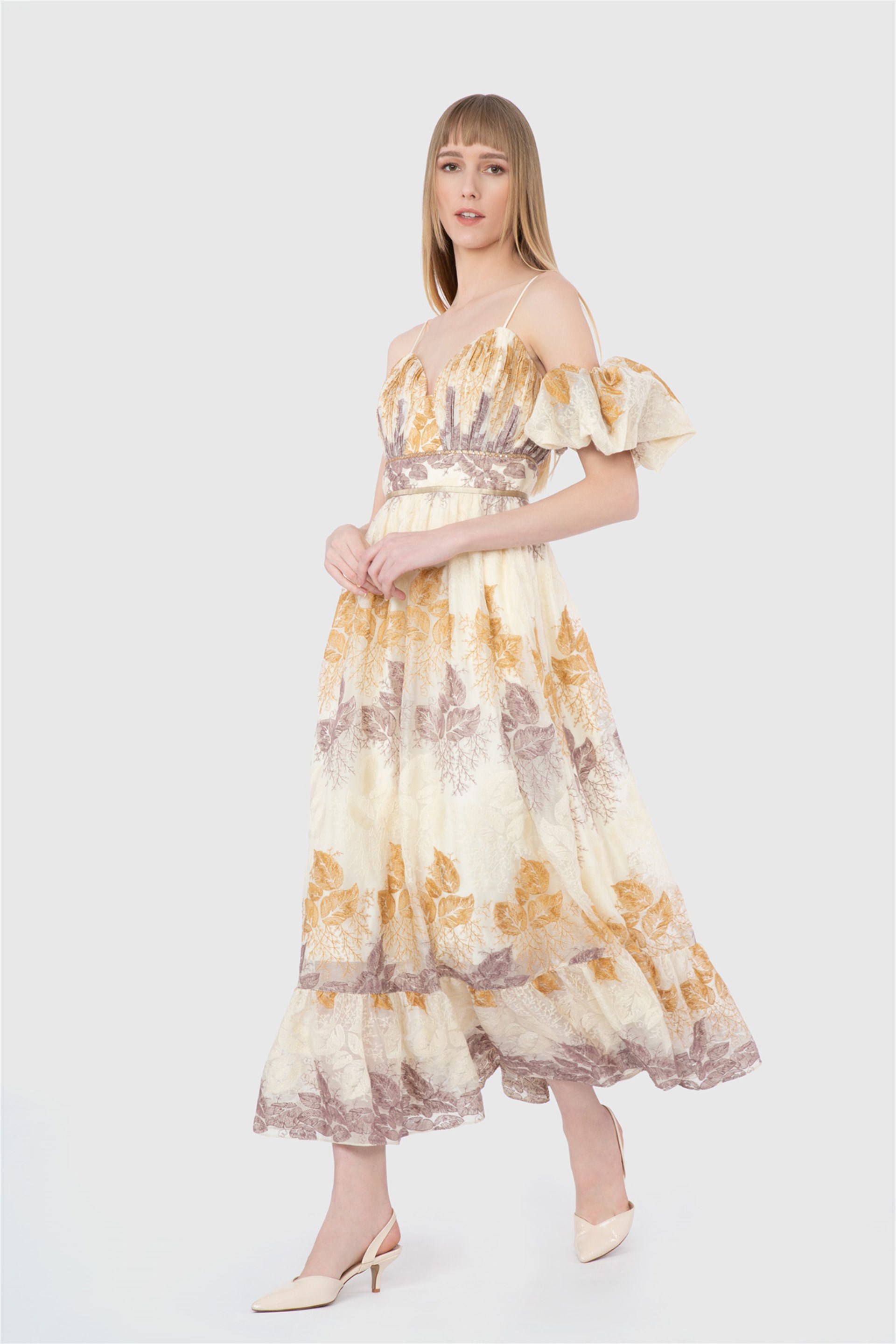 Embroidery Detailed Chiffon Ecru Dress