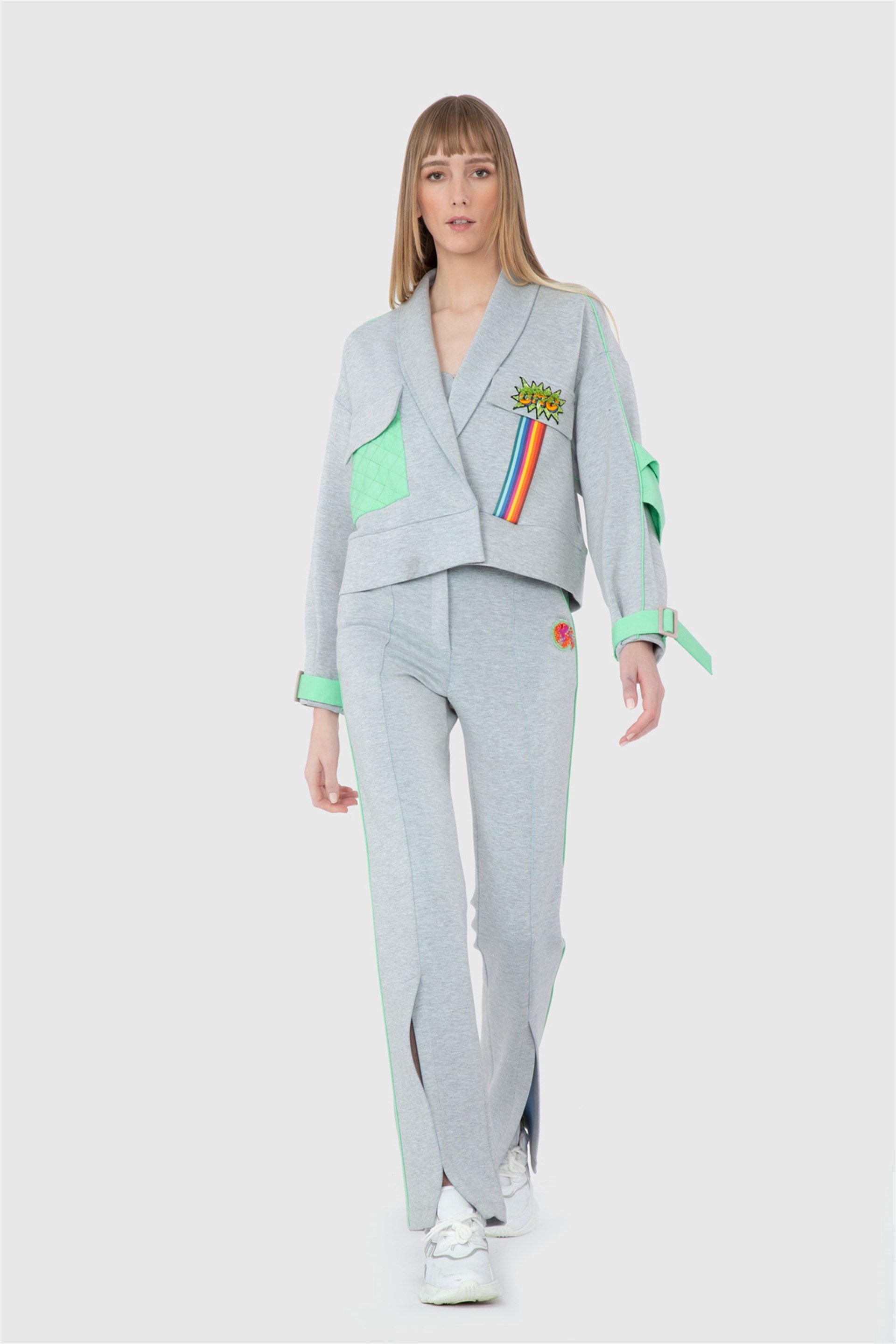 Nakış Logolu Ve Şerit Detaylu Scuba Gri Ceket