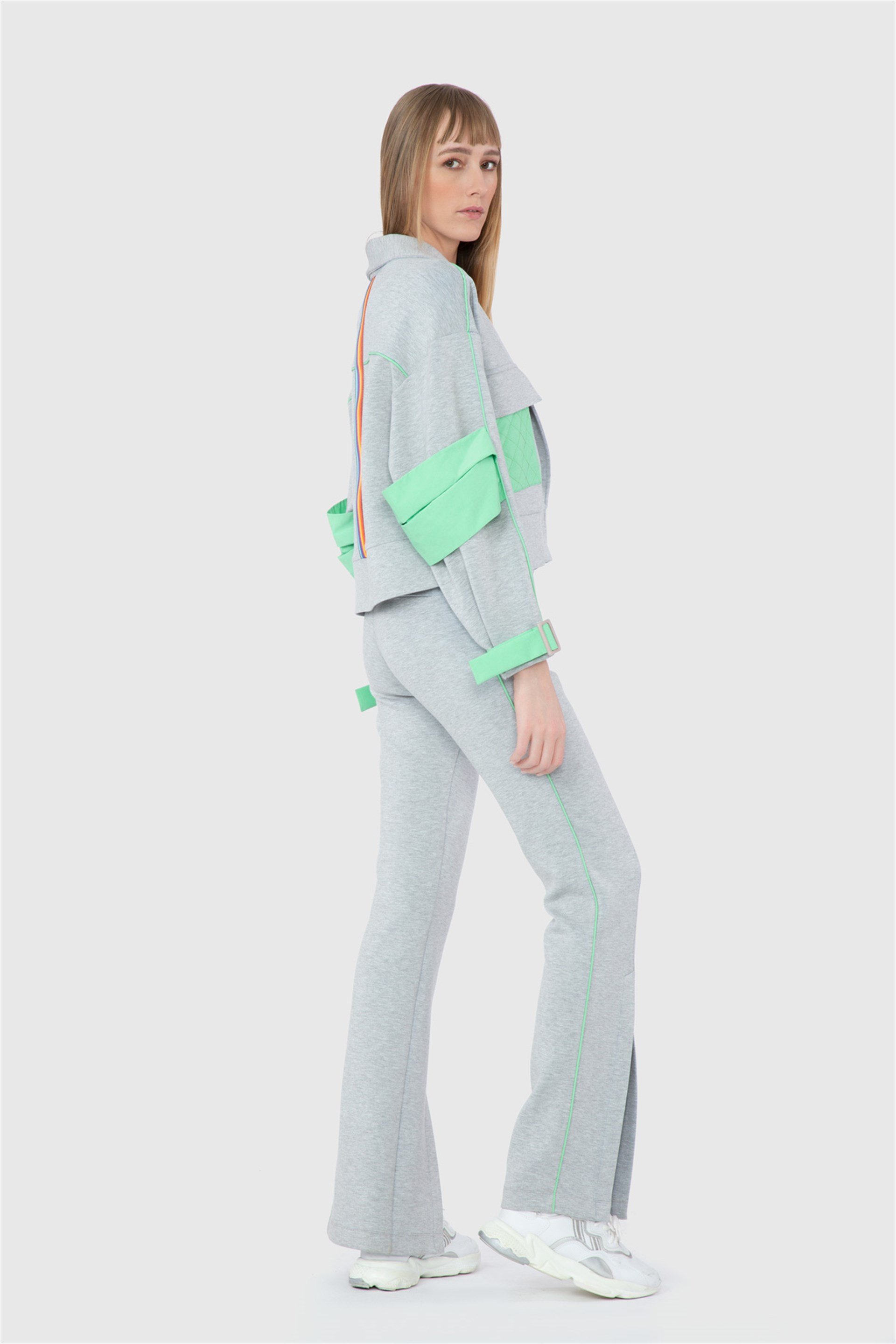 Nakış Logolu Ve Şerit Detaylu Scuba Gri Ceket