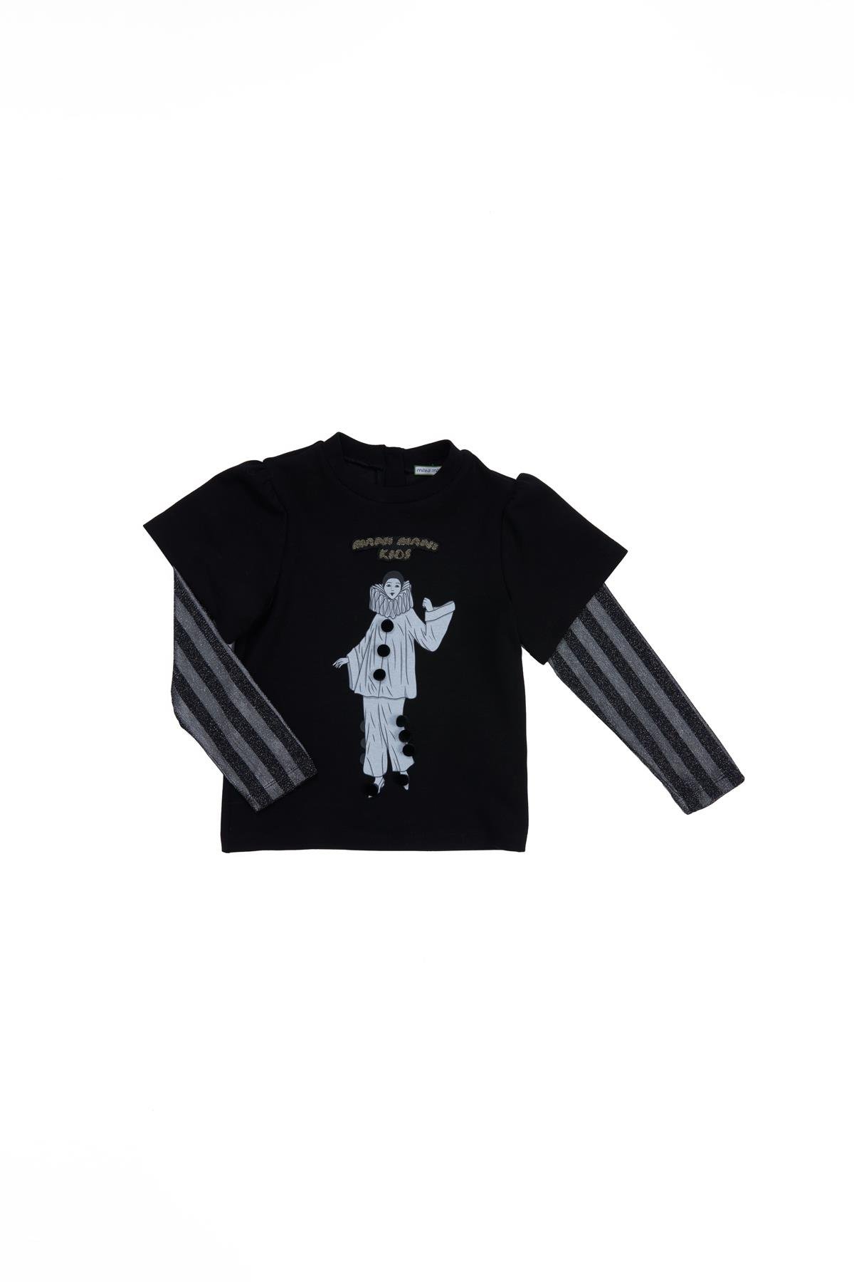 Nakışlı Kadife Düğmeli İç Kol Desenli Siyah T-Shirt