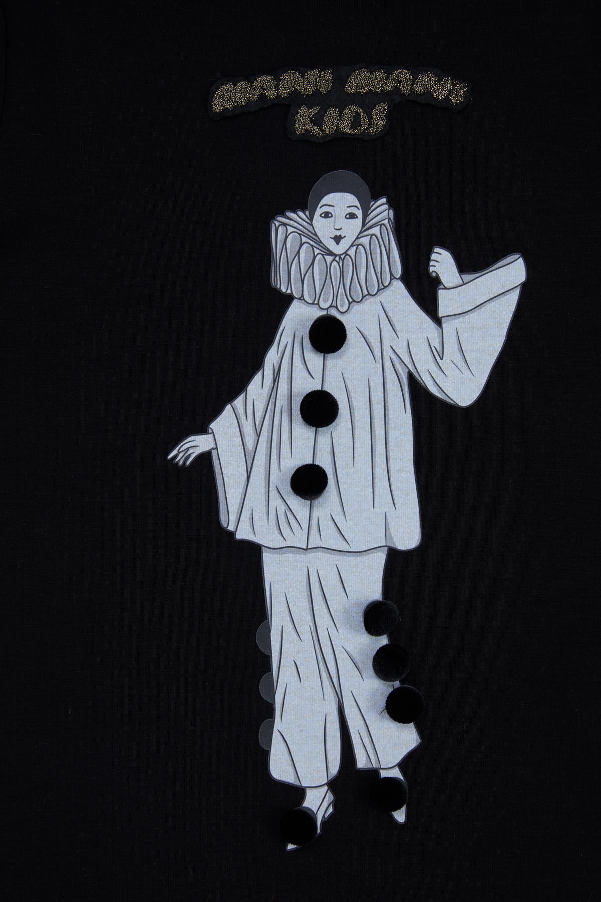 Nakışlı Kadife Düğmeli İç Kol Desenli Siyah T-Shirt