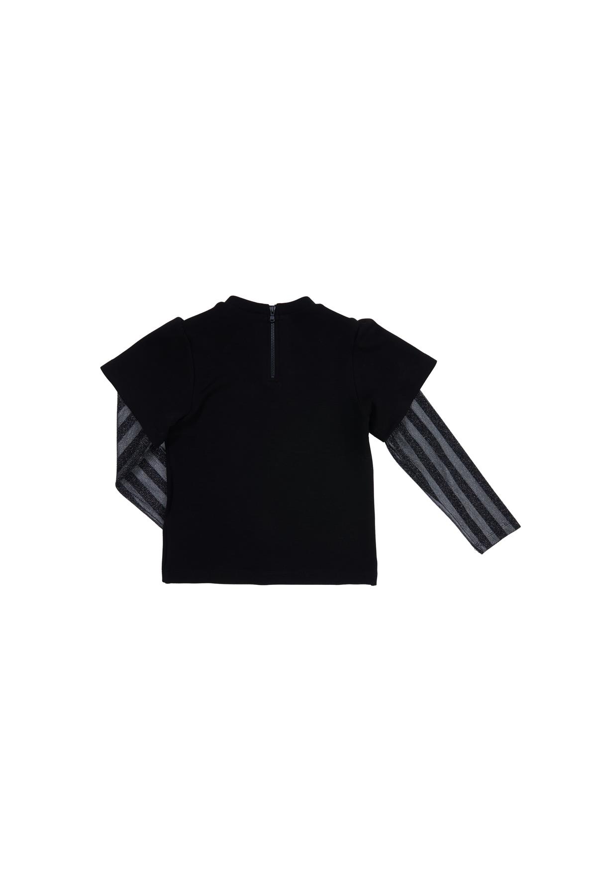 Nakışlı Kadife Düğmeli İç Kol Desenli Siyah T-Shirt