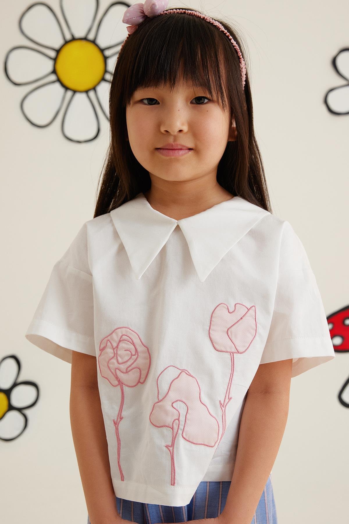 Nakışlı Kısa Kollu Mavi Gömlek