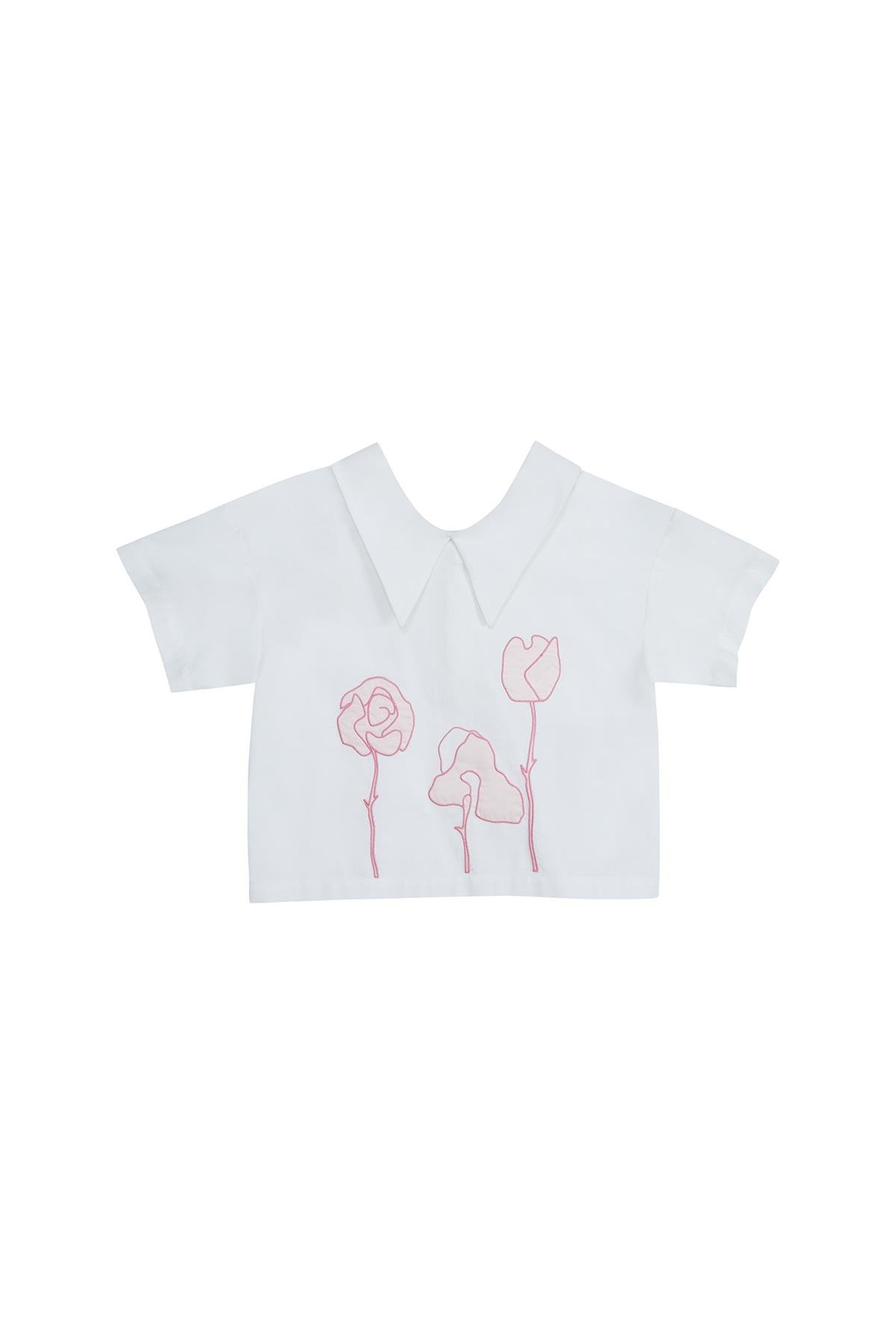 Nakışlı Kısa Kollu Mavi Gömlek