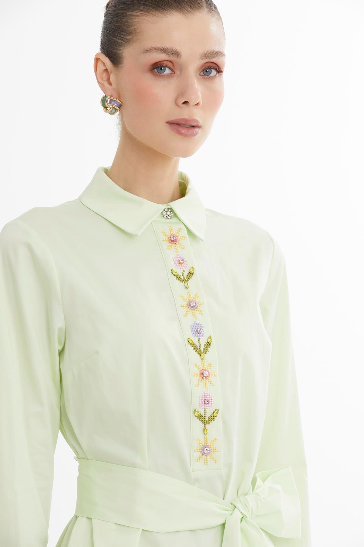 Green Embroidered Belted Midi Dress