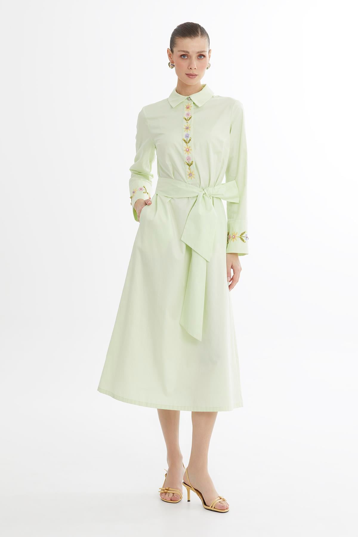 Green Embroidered Belted Midi Dress