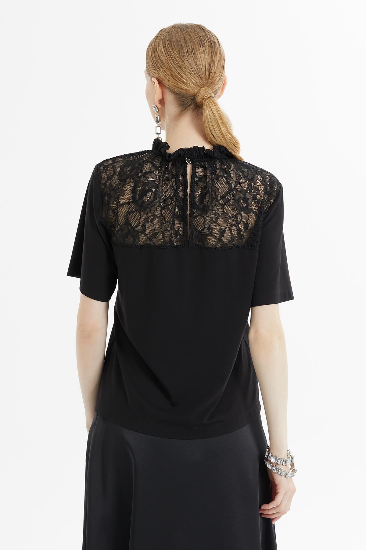 Black Blouse with Shoulder Lace Detail Brit Buttons on the Back