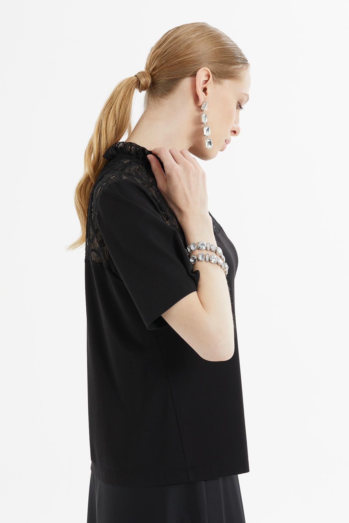 Black Blouse with Shoulder Lace Detail Brit Buttons on the Back