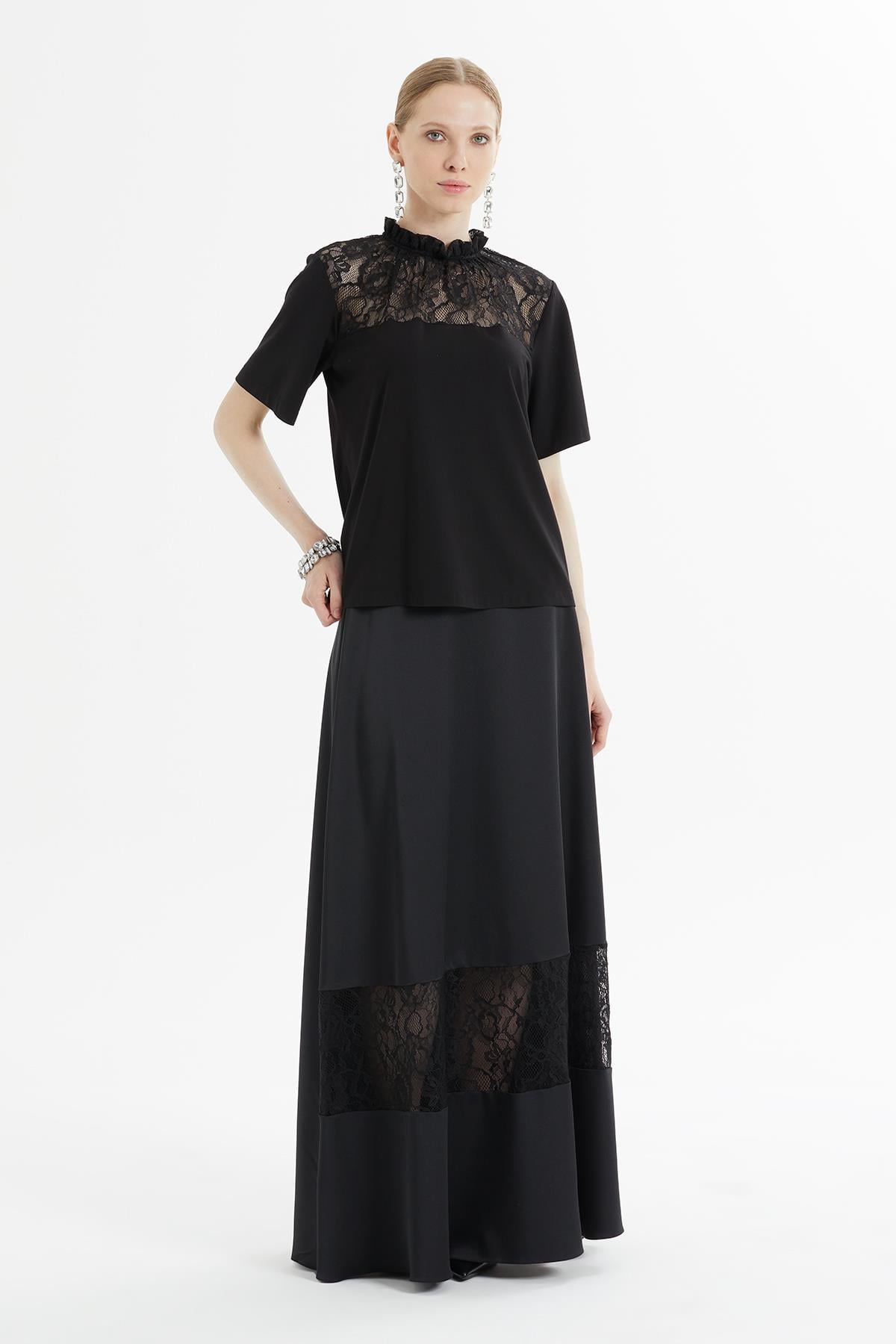 Black Blouse with Shoulder Lace Detail Brit Buttons on the Back