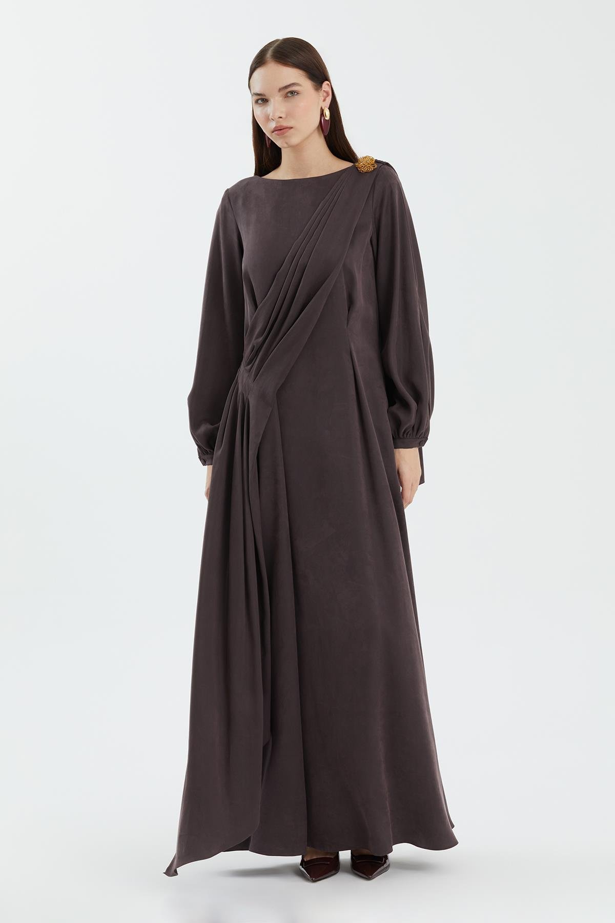 Brown Embellished Shoulder Detail Dress