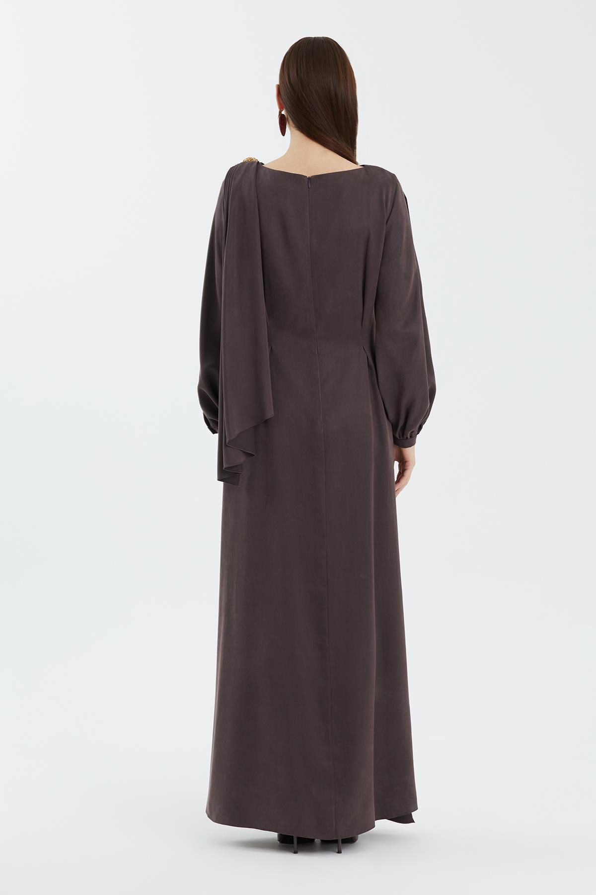Brown Embellished Shoulder Detail Dress