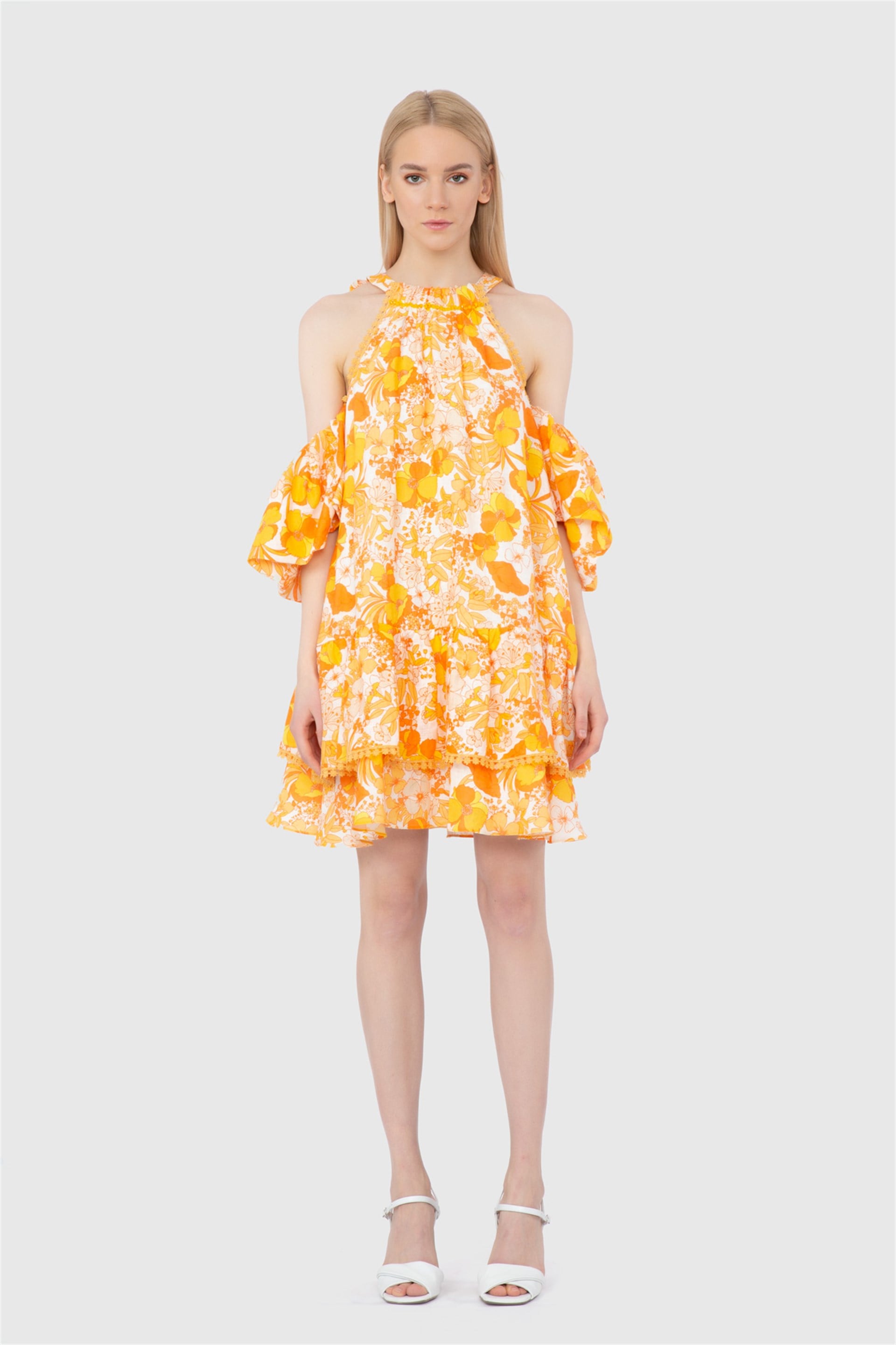 Off Shoulders Pleated Mini Yellow Dress