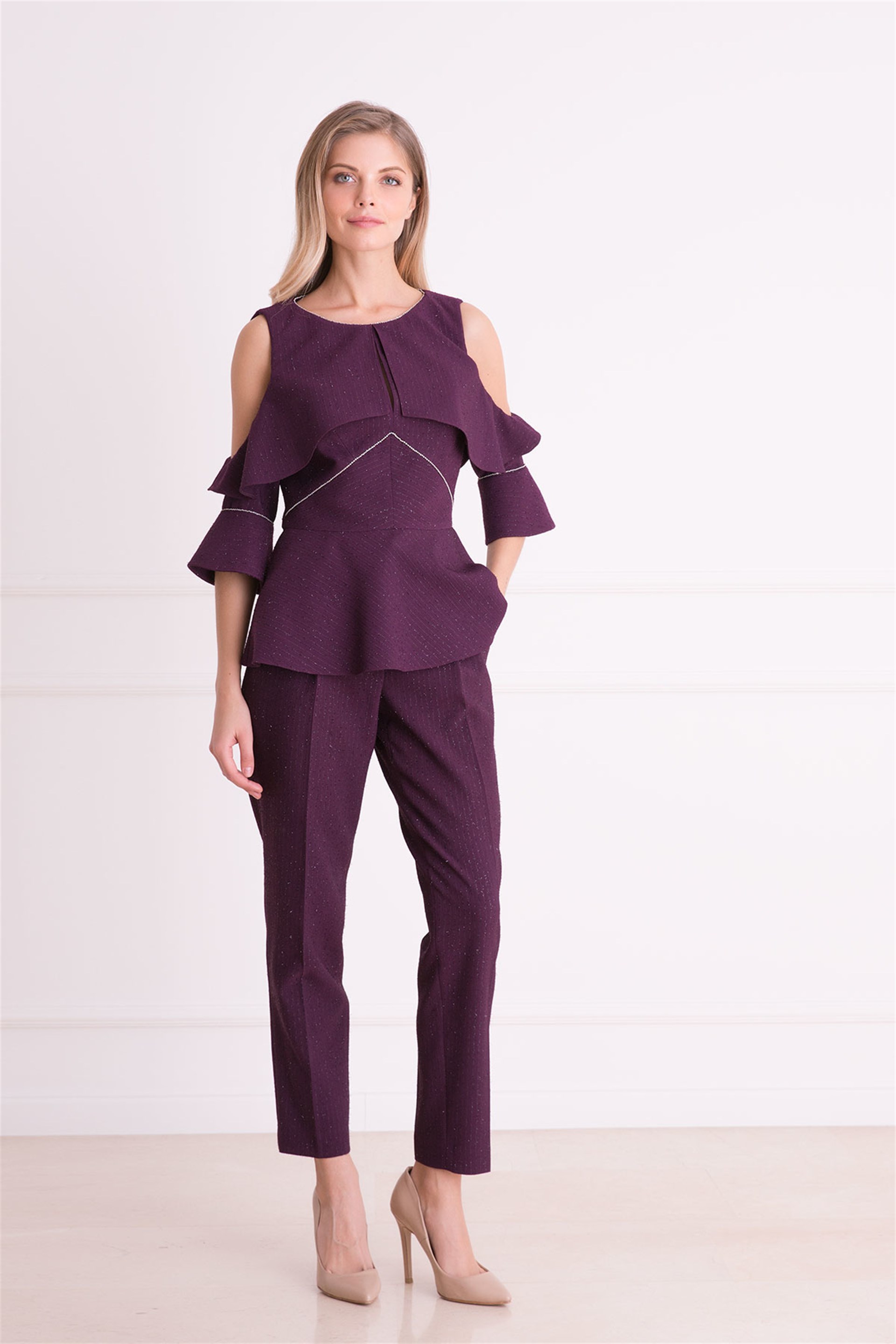 Open Shoulder Shimmer Detailed Purple Blouse