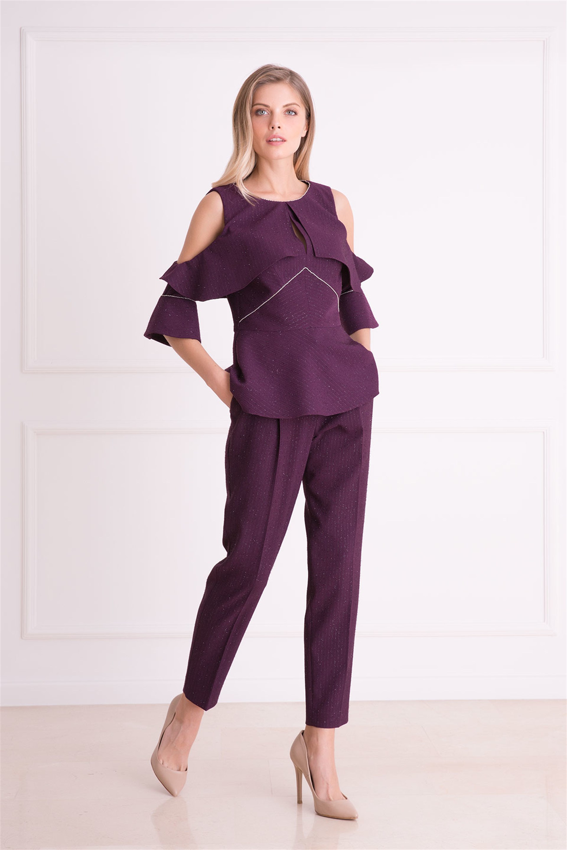 Open Shoulder Shimmer Detailed Purple Blouse