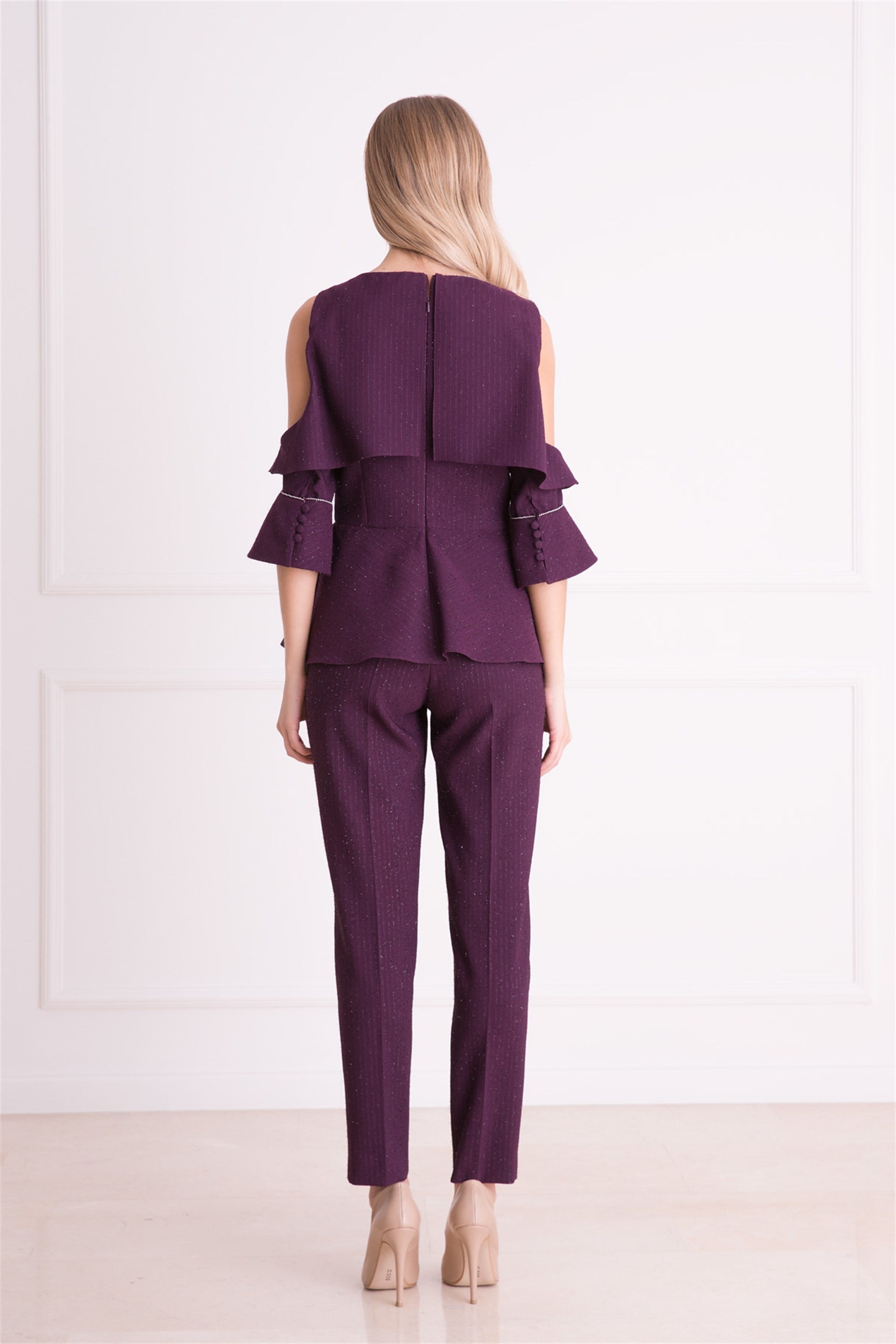Open Shoulder Shimmer Detailed Purple Blouse