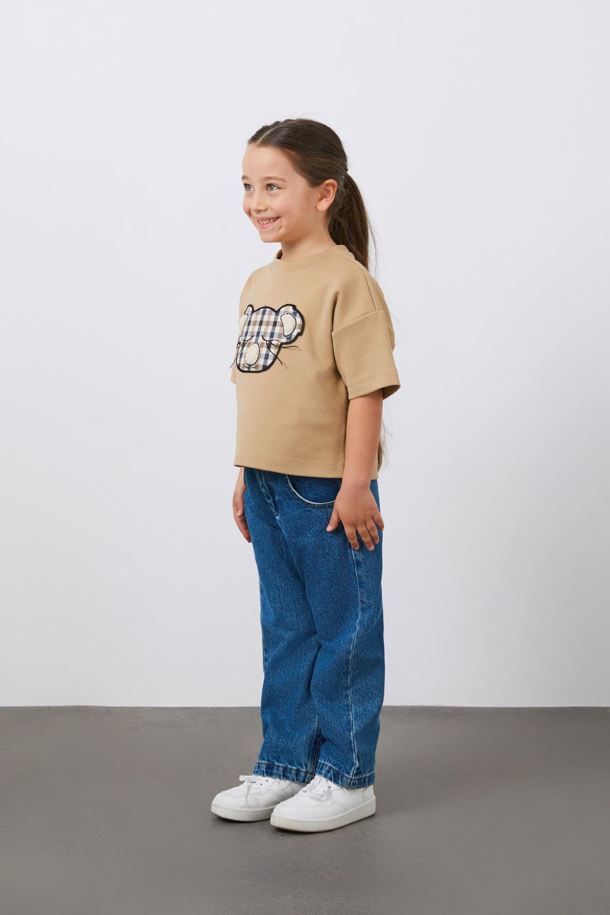 Ön Beden Koala Nakış Detaylı Kahverengi Kız Çocuk Tişört